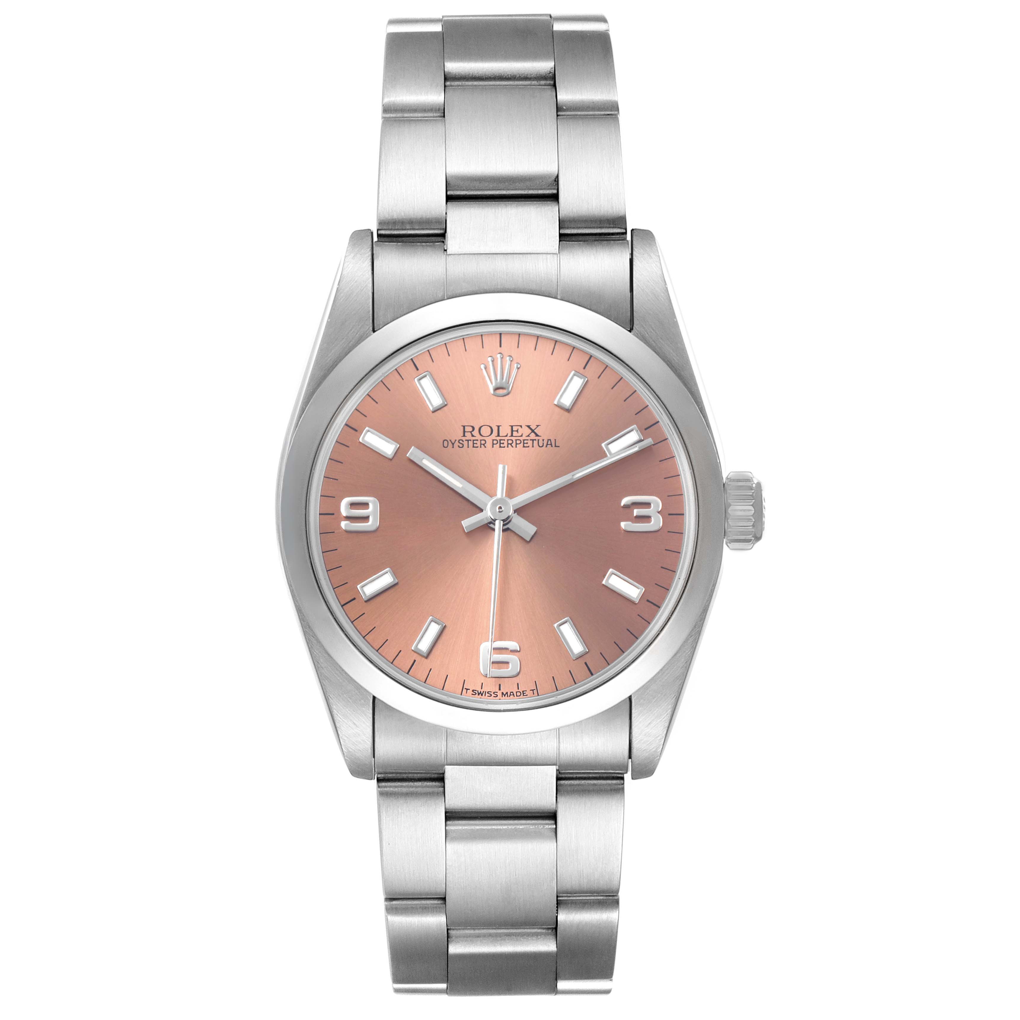 The Rolex Mid-Size 67480 Women's Stainless Steel Pink Dial watch is shown from a top-down angle, displaying its dial, bezel, bracelet, and crown.