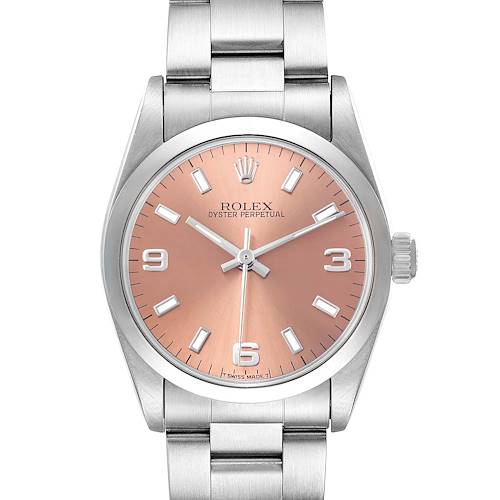 The Rolex Oyster Perpetual Mid-Size watch is shown from a front angle, highlighting its dial, bezel, and metal bracelet.