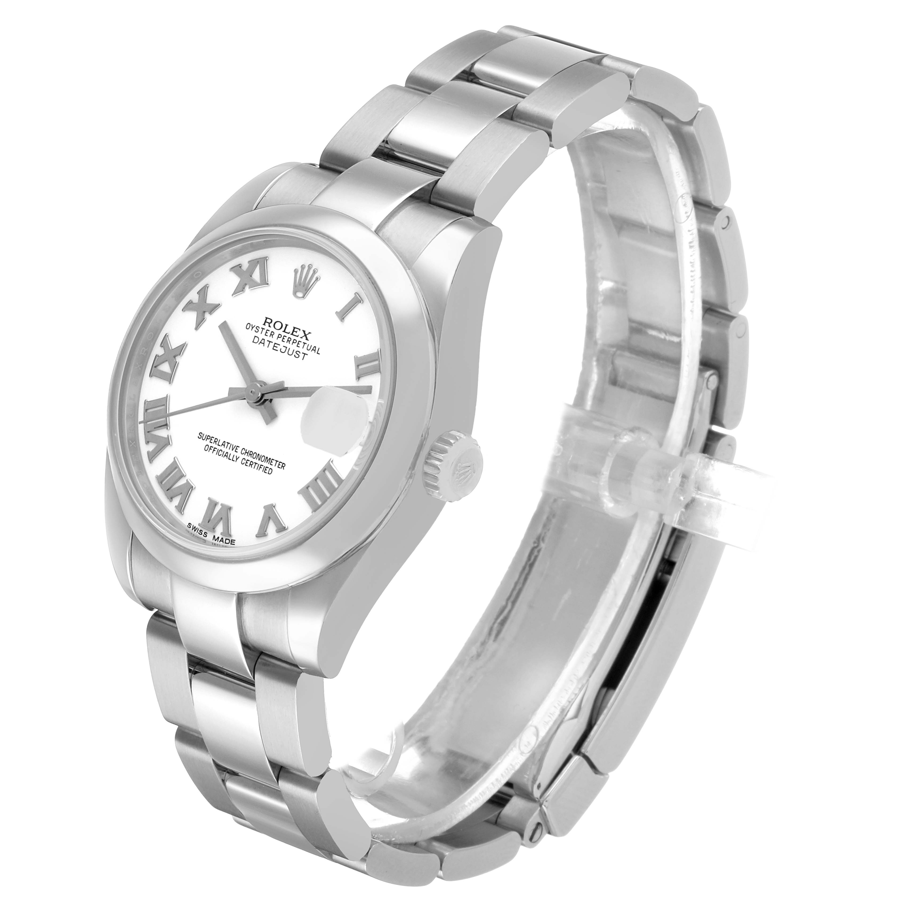 The Rolex Oyster Perpetual 77080 Women's Stainless Steel Silver Dial watch is shown at a slight angle, highlighting the face, crown, and full bracelet.