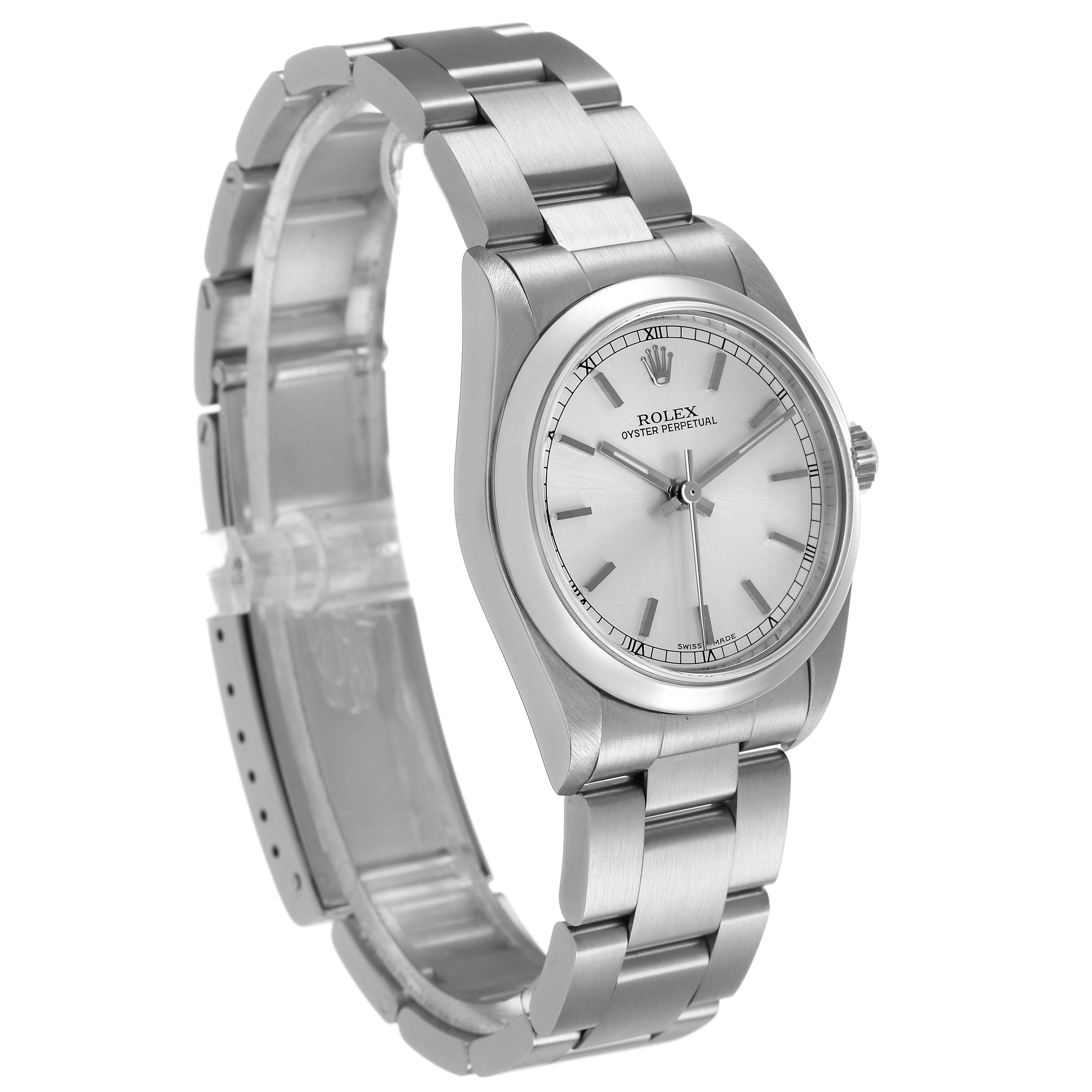 The Rolex Oyster Perpetual 77080 Women's Stainless Steel Silver Dial watch is shown at a three-quarter angle, highlighting the dial, bezel, case, bracelet, and crown.