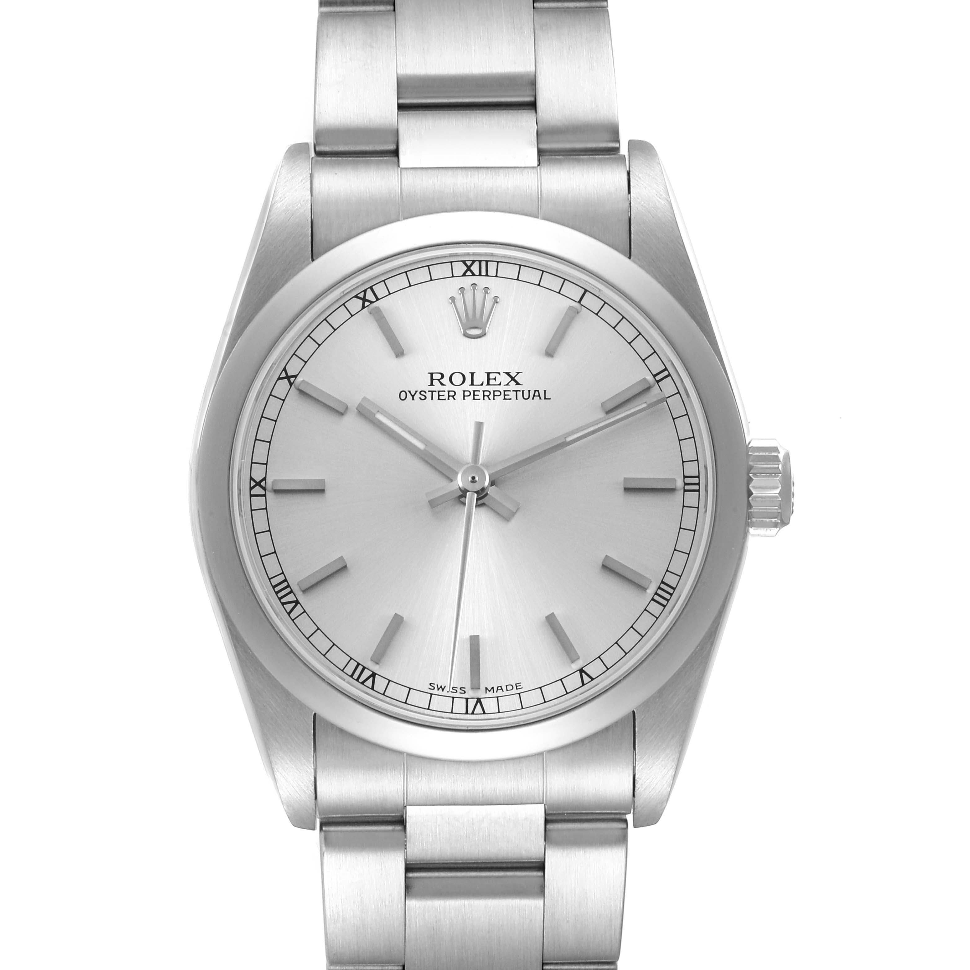 The Rolex Oyster Perpetual 77080 Women's Stainless Steel Silver Dial watch is shown from a front angle, displaying its face, hands, bezel, case, and part of the bracelet.