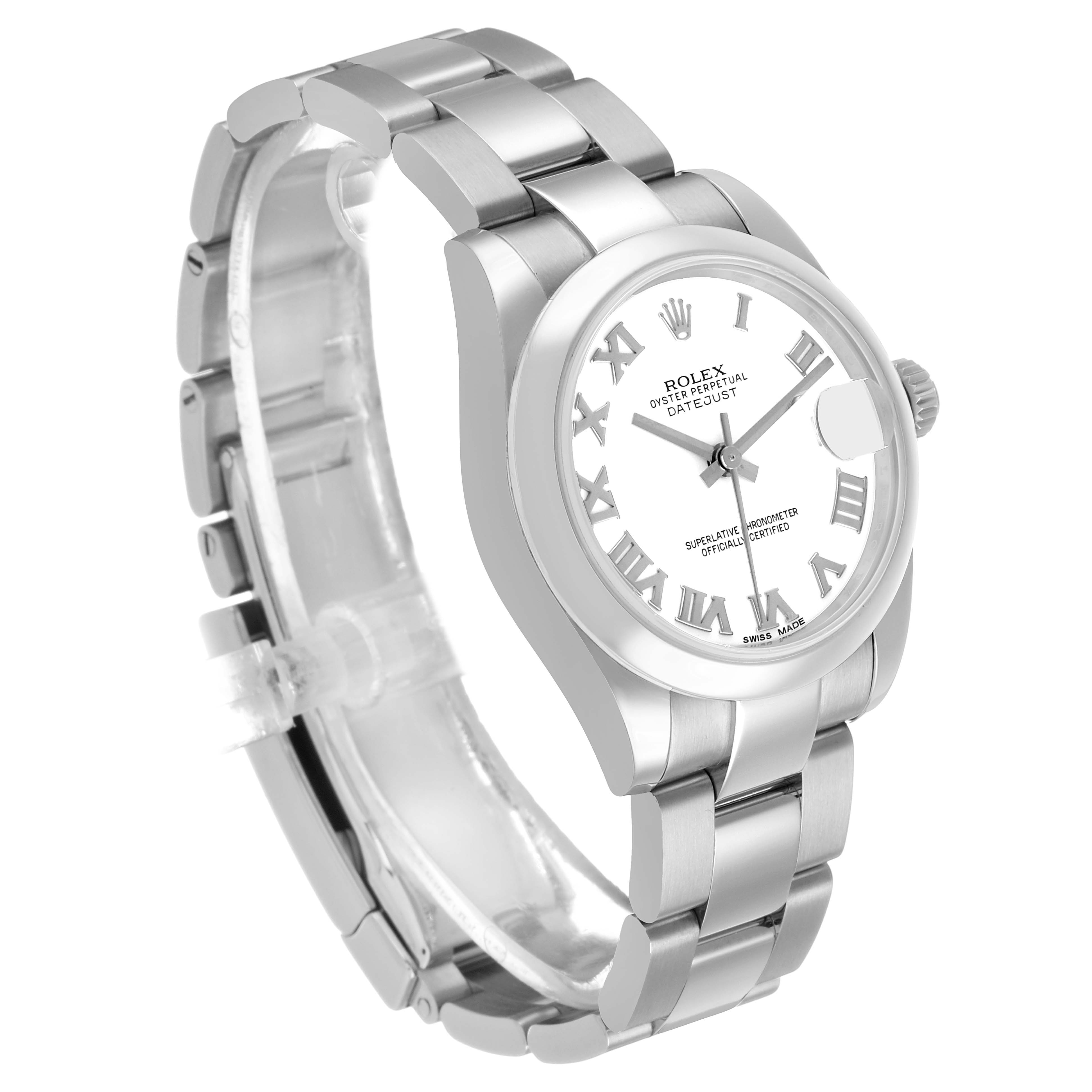 The Rolex Oyster Perpetual 77080 Women's Stainless Steel Silver Dial watch is shown at a three-quarter angle highlighting the face, bezel, crown, and bracelet.