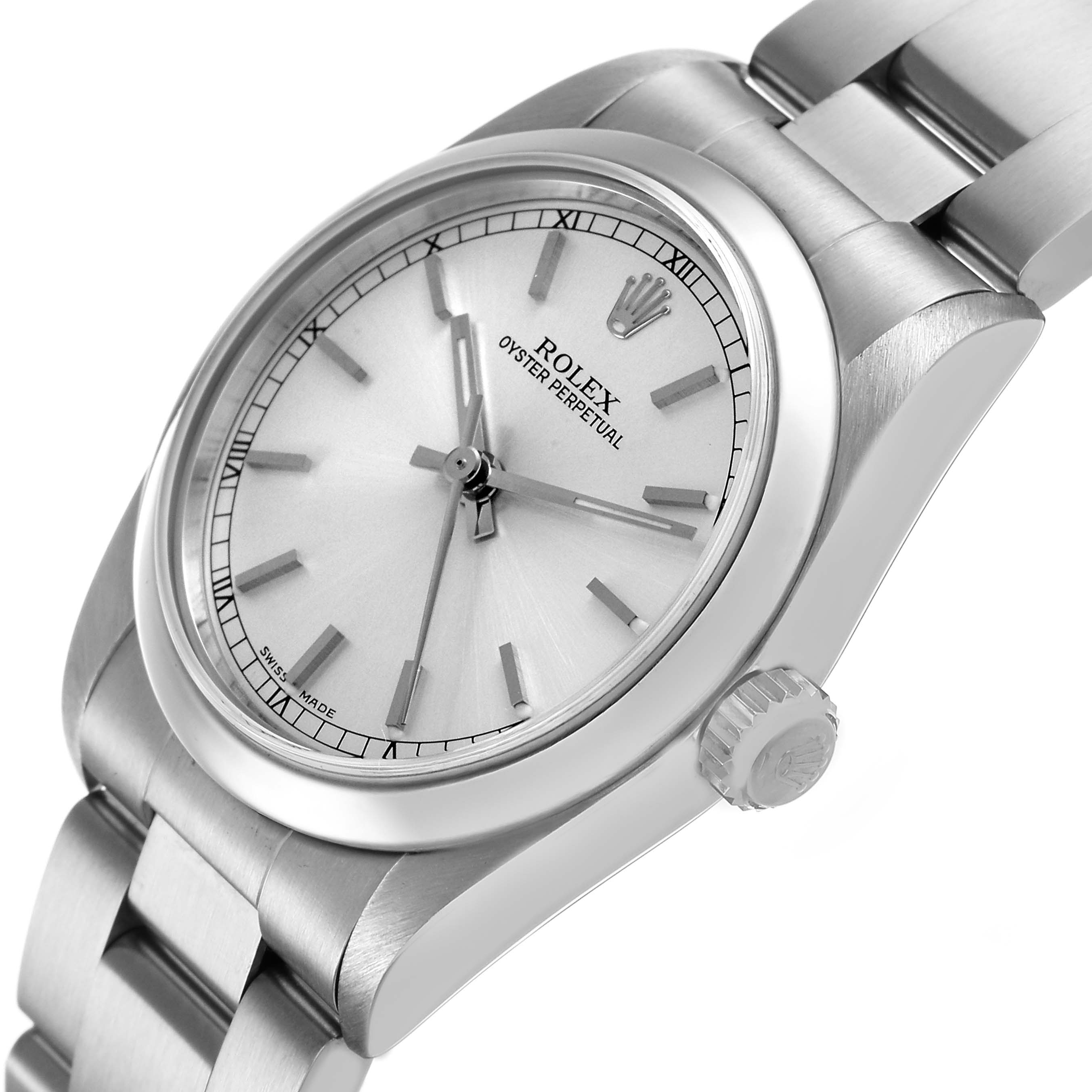 The Rolex Oyster Perpetual 77080 Women's Stainless Steel Silver Dial watch is shown at a tilted angle, highlighting the dial, bezel, crown, and part of the bracelet.