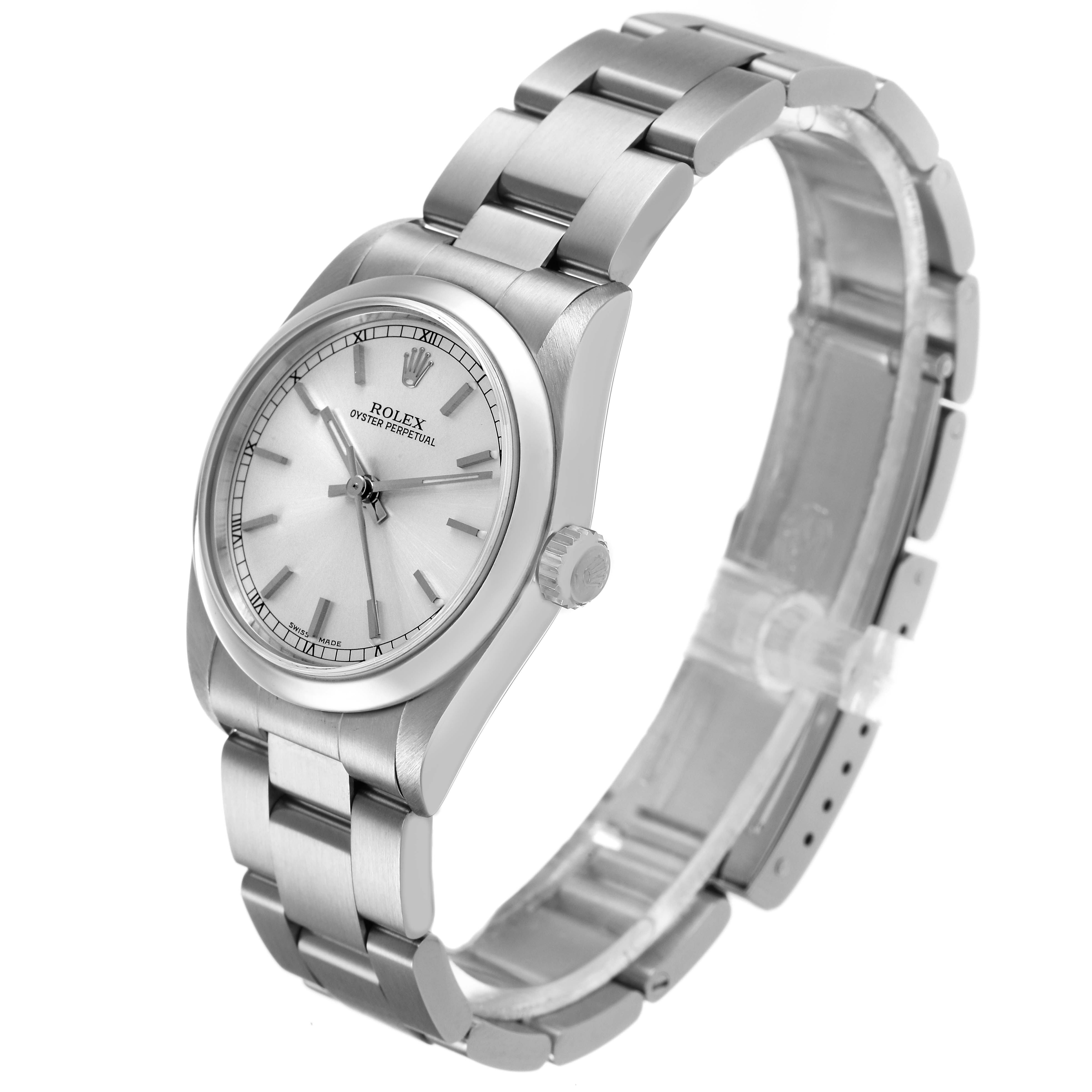 The Rolex Oyster Perpetual 77080 Women's Stainless Steel Silver Dial watch is shown at a three-quarter angle, displaying its dial, crown, and bracelet.