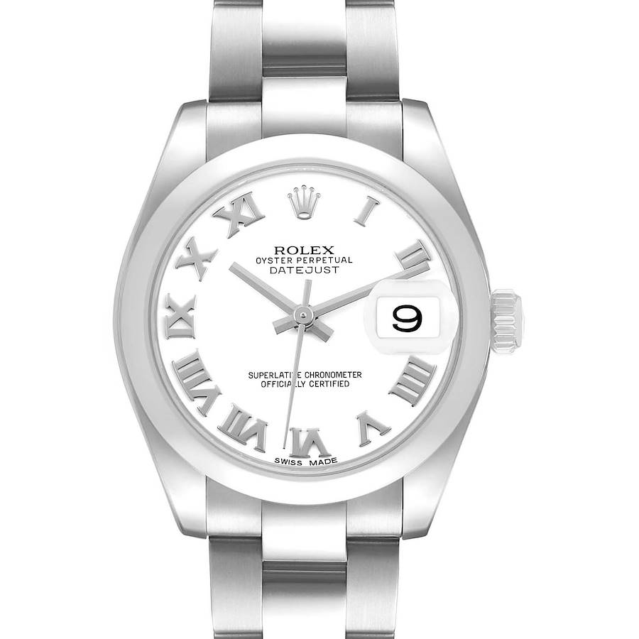 The Rolex Oyster Perpetual 77080 Women's Stainless Steel Silver Dial model is shown from the front, highlighting the face, bezel, and partial bracelet.