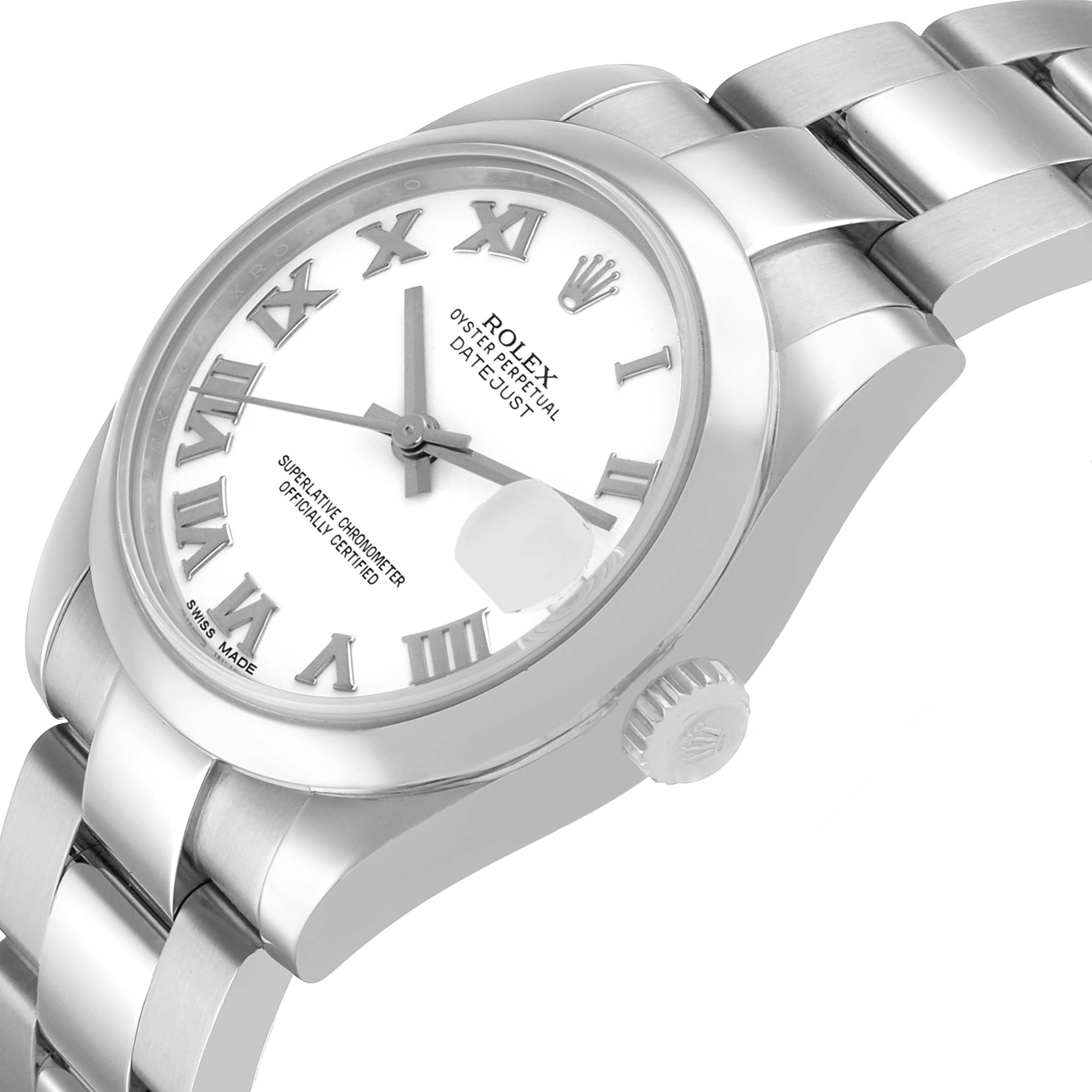 The Rolex Oyster Perpetual 77080 Women's Stainless Steel Silver Dial watch is shown from a side angle, highlighting the face, crown, and part of the bracelet.