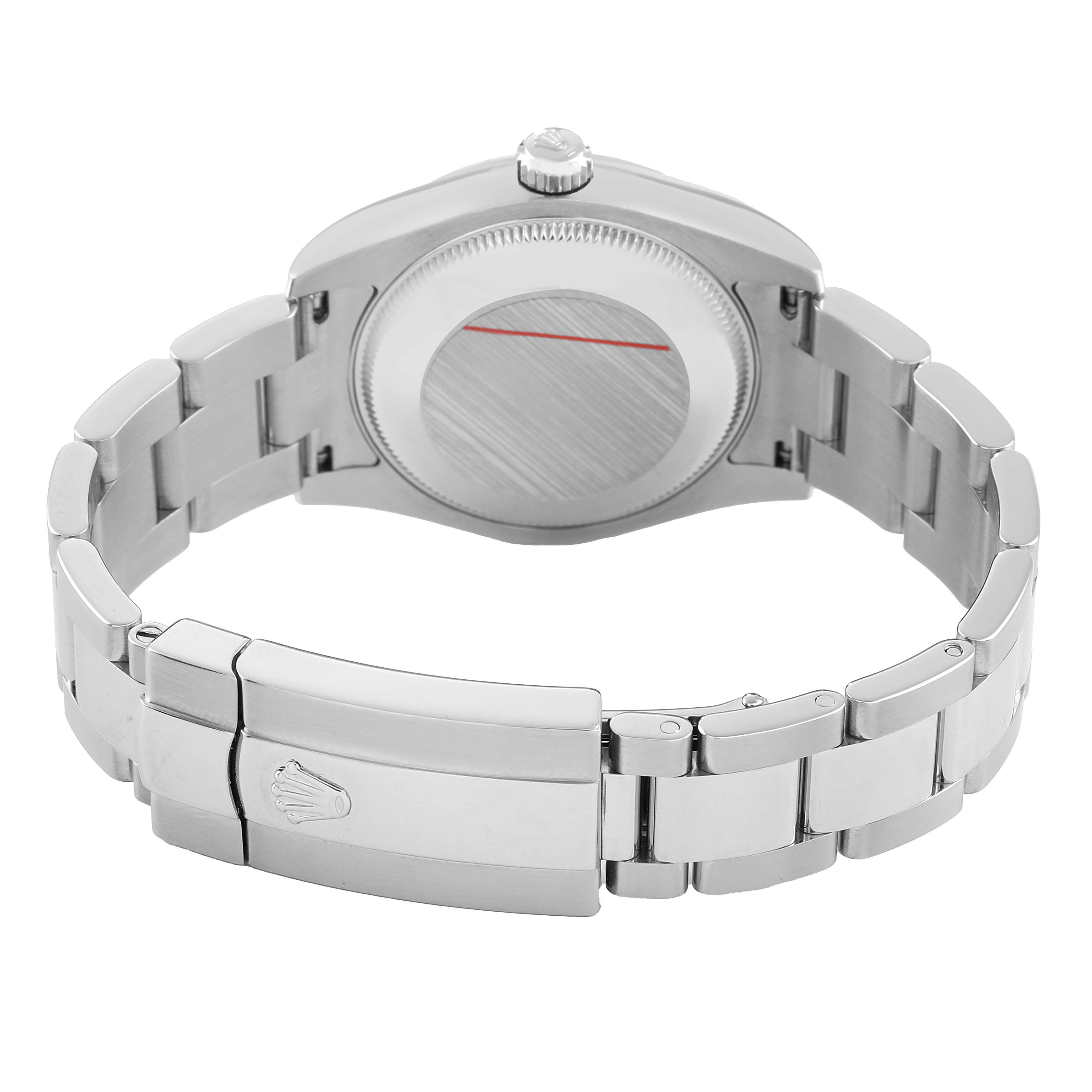 The image shows the back and bracelet of a Rolex Oyster Perpetual 77080 Women's Stainless Steel Silver Dial, focusing on the clasp and case back.