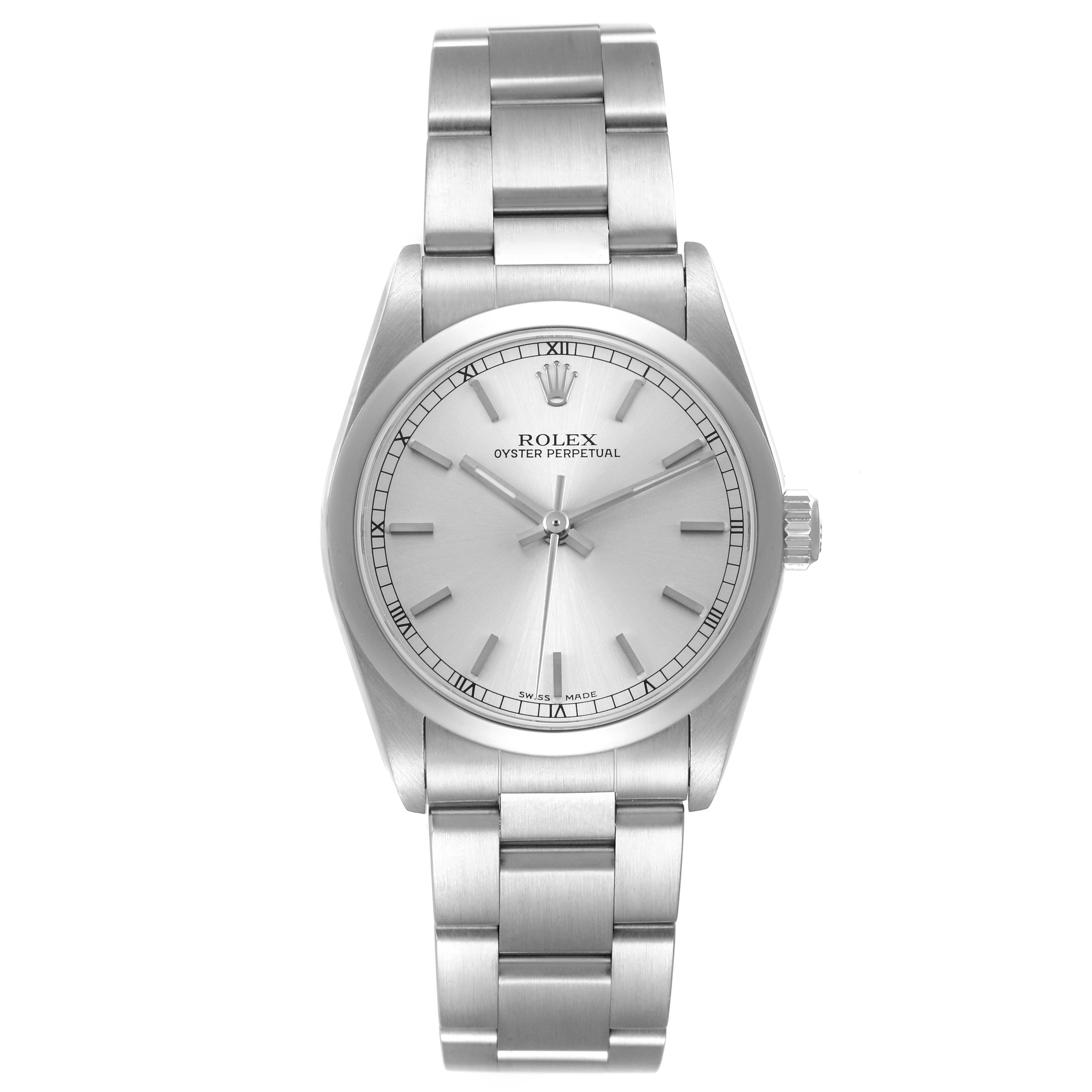 The Rolex Oyster Perpetual 77080 Women's Stainless Steel Silver Dial watch is shown from a top-down angle, displaying the dial, bezel, case, bracelet, and crown.