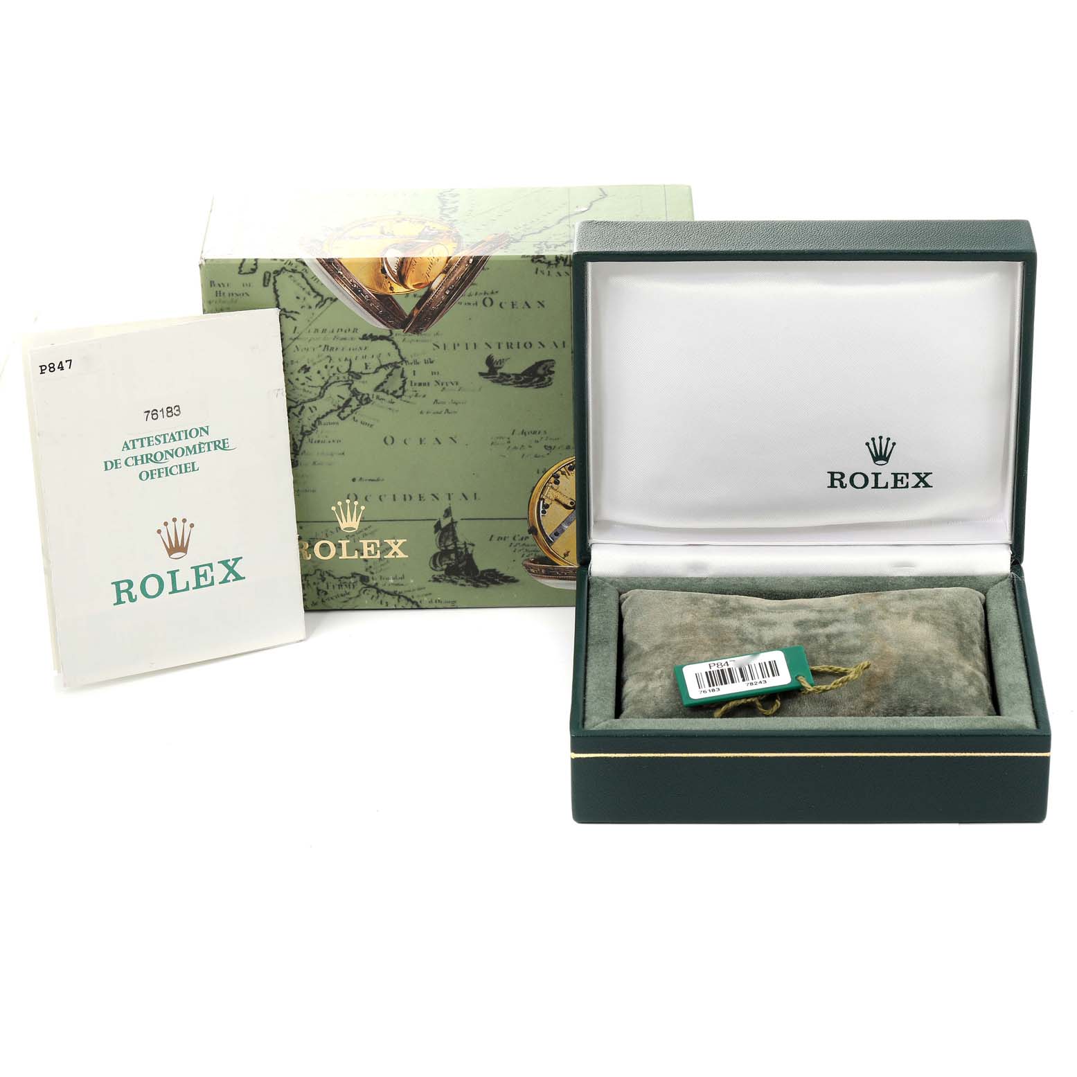 The image shows the packaging and accessories of a Rolex Oyster Perpetual 76183 Women's Steel and Gold (two tone) Grey Dial 76183 Women's Steel and Gold (two tone) Grey Dial watch, including an open box, a booklet, and the outer box.