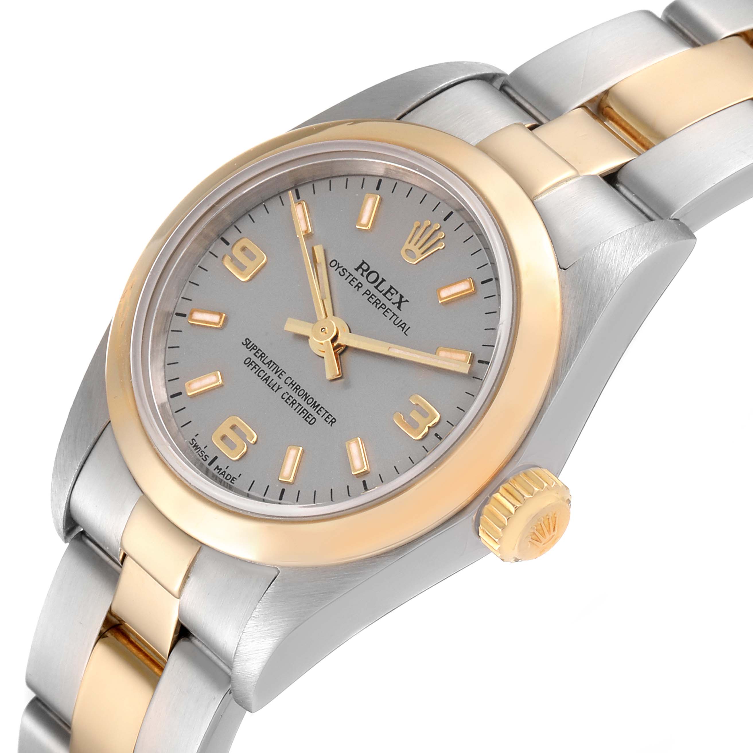 This image shows a Rolex Oyster Perpetual 76183 Women's Steel and Gold (two tone) Grey Dial 76183 Women's Steel and Gold (two tone) Grey Dial watch angled from the front-left, highlighting the dial, bezel, crown, and bracelet.