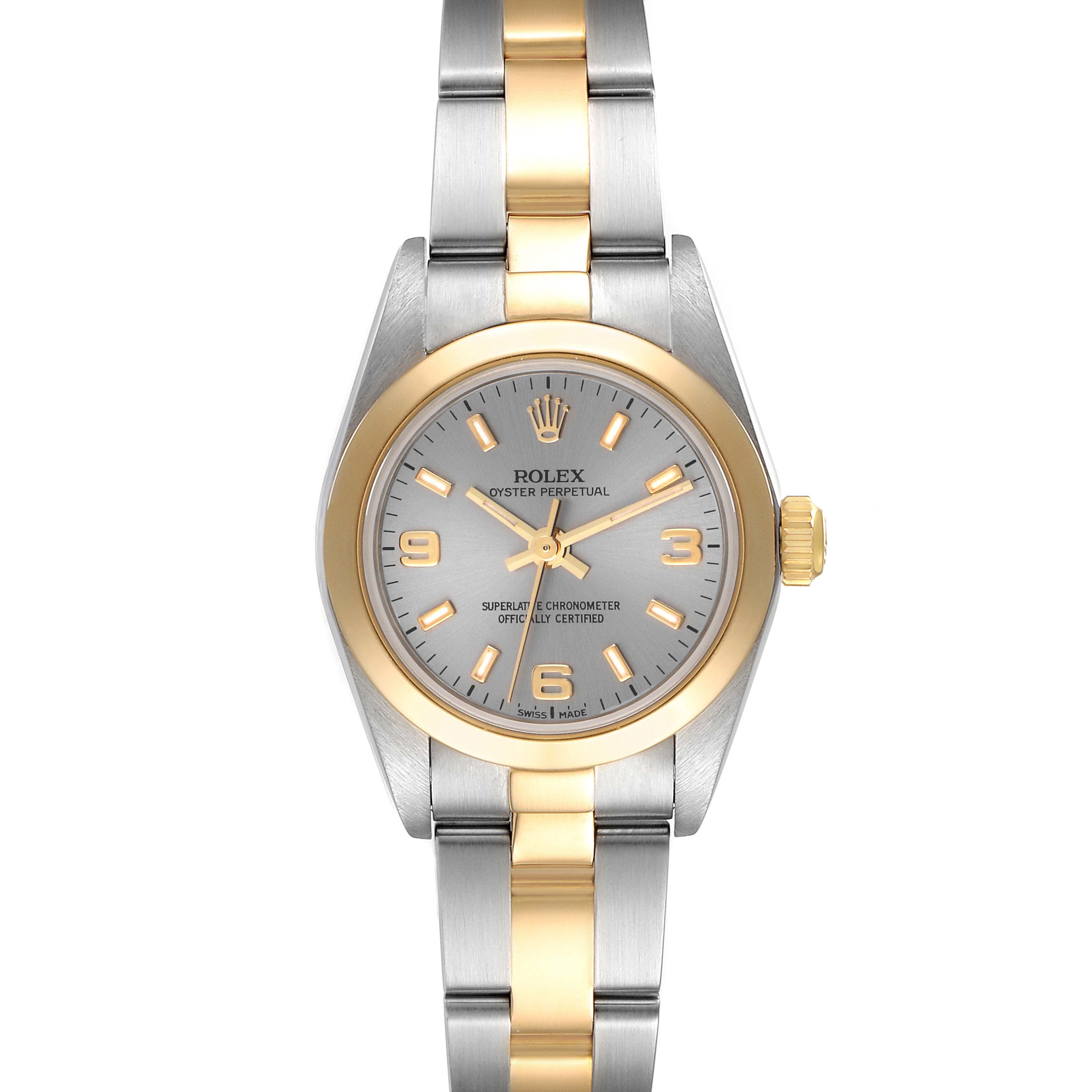 This image shows a Rolex Oyster Perpetual 76183 Women's Steel and Gold (two tone) Grey Dial 76183 Women's Steel and Gold (two tone) Grey Dial watch from a top-down angle, showcasing its dial, bezel, and bracelet.