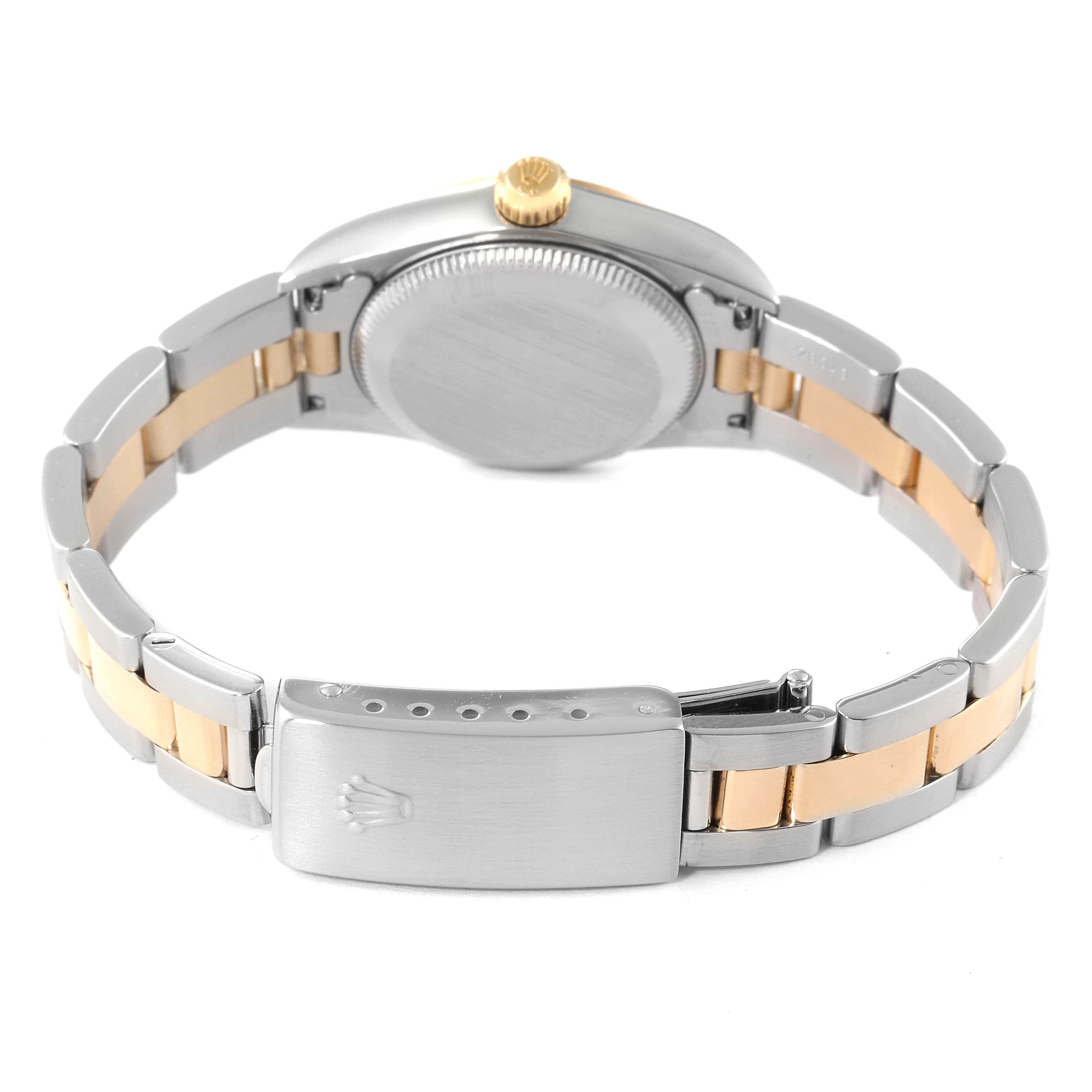 This image shows the back view of a Rolex Oyster Perpetual 76183 Women's Steel and Gold (two tone) Grey Dial 76183 Women's Steel and Gold (two tone) Grey Dial watch, highlighting its two-tone bracelet and clasp.
