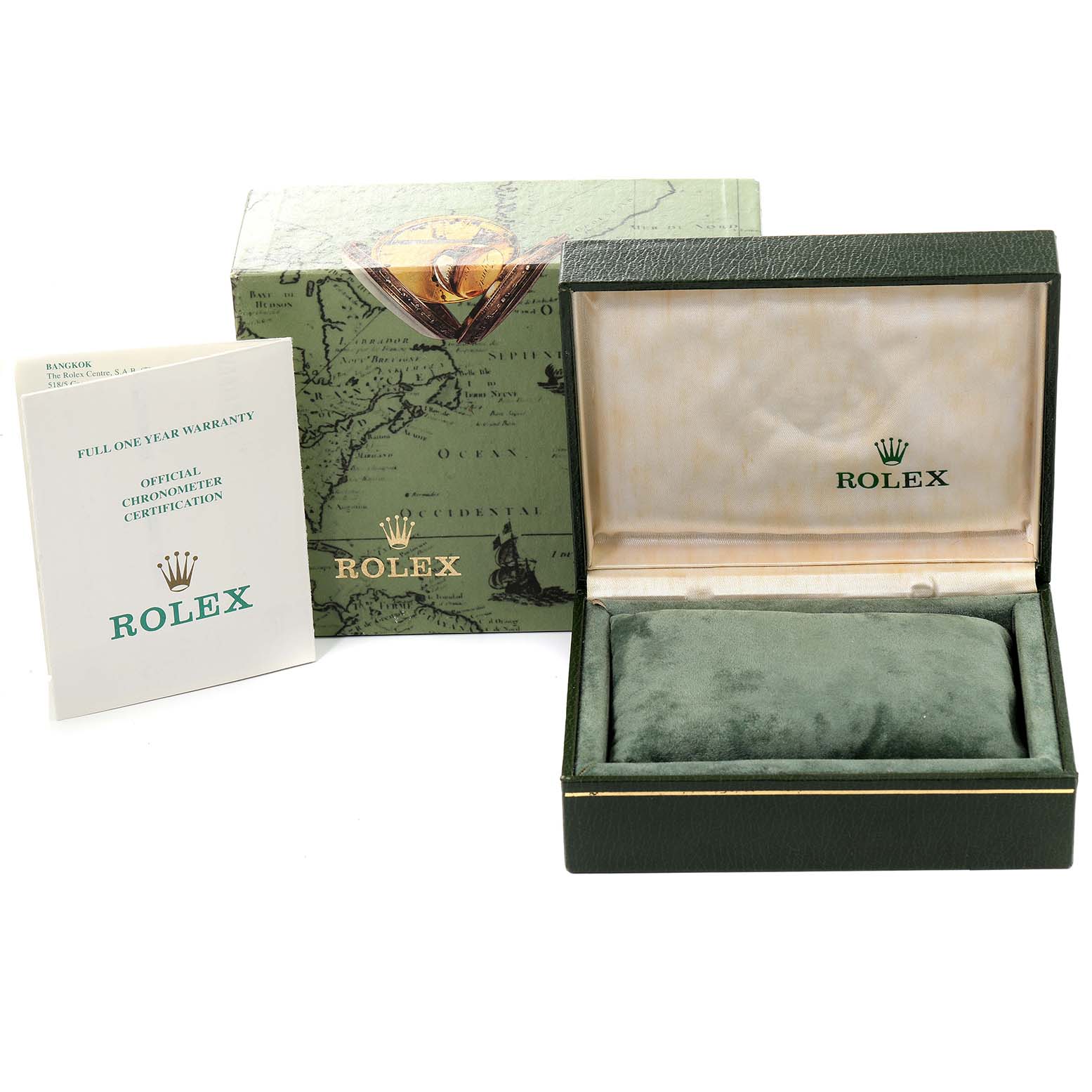 This image shows a Rolex Oyster Perpetual 67183 Women
s Steel and Gold (two tone) Blue Dial 67183 Women
s Steel and Gold (two tone) Blue Dial box, warranty booklet, and watch cushion.