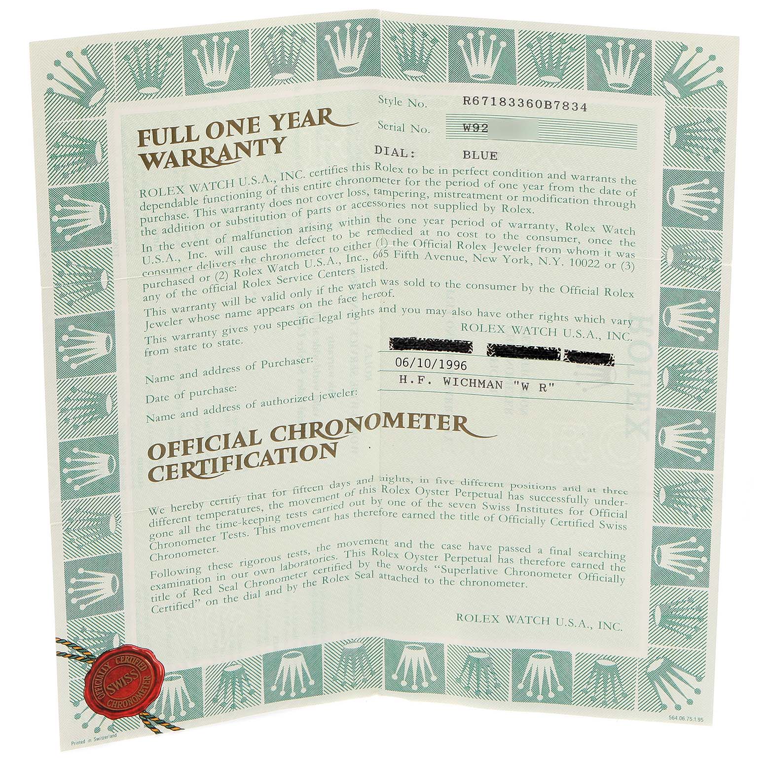 This image shows a warranty and official chronometer certification document for the Rolex Oyster Perpetual 67183 Women
s Steel and Gold (two tone) Blue Dial 67183 Women
s Steel and Gold (two tone) Blue Dial watch.
