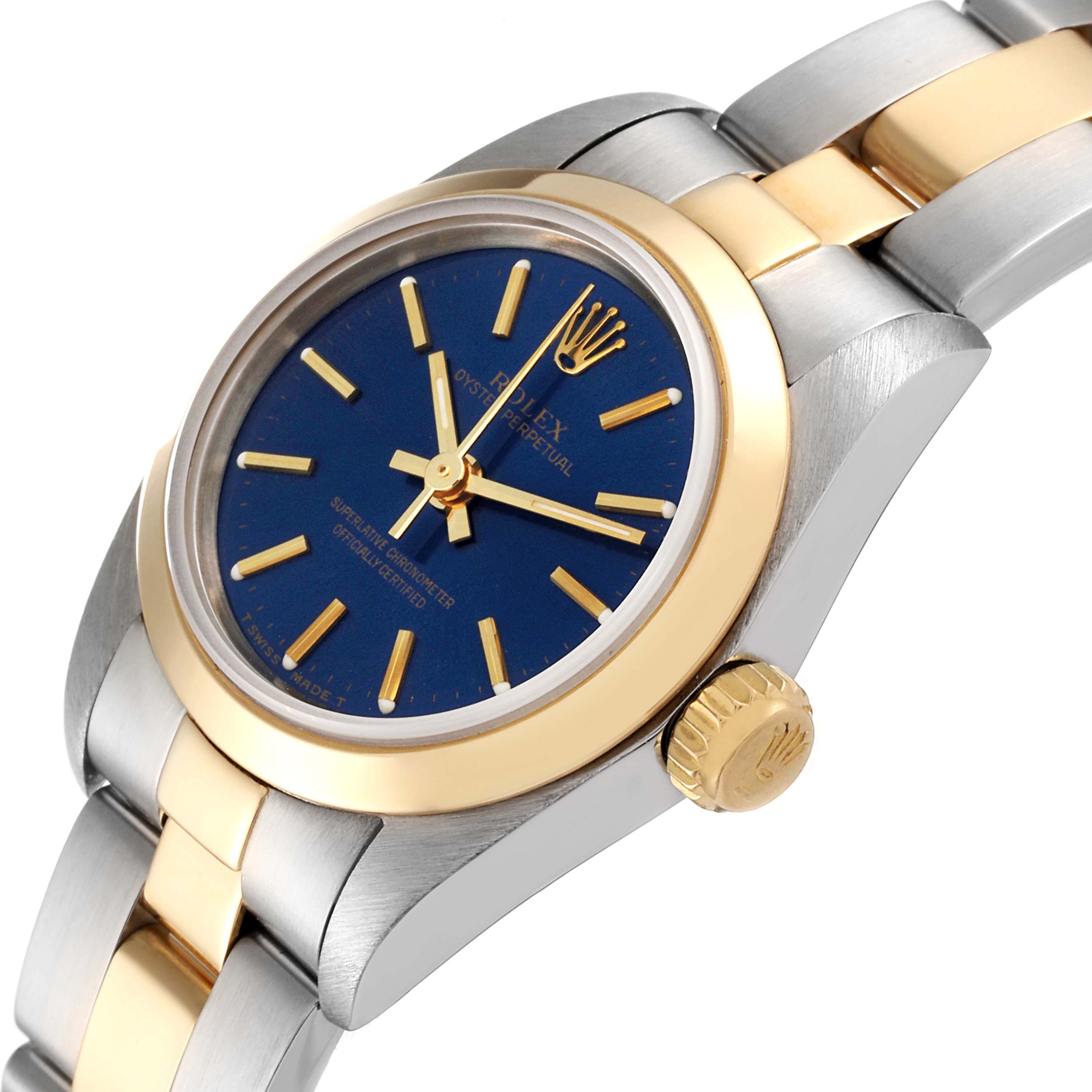 This image showcases a Rolex Oyster Perpetual 67183 Women
s Steel and Gold (two tone) Blue Dial 67183 Women
s Steel and Gold (two tone) Blue Dial watch from an angled side view, highlighting the crown, bezel, bracelet, and dial.