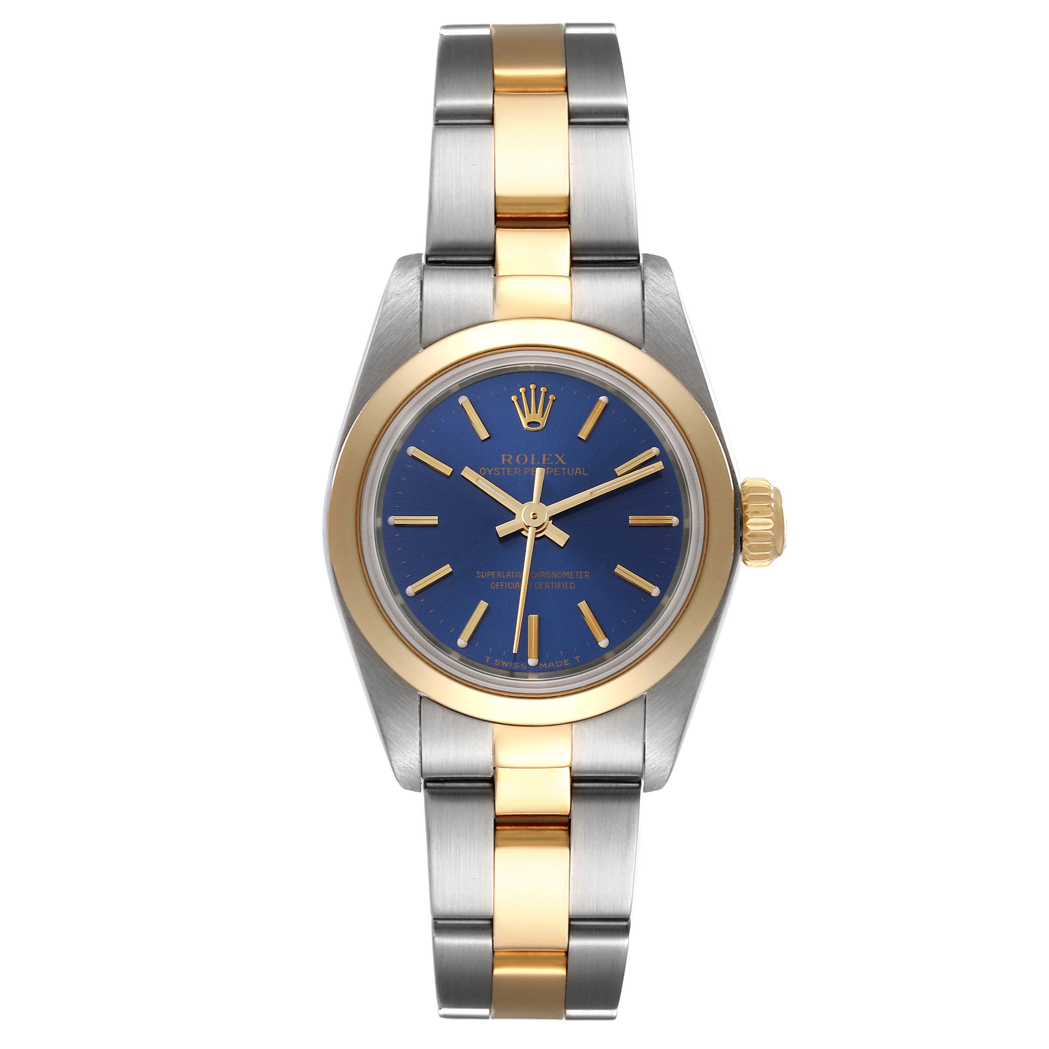 This image shows a Rolex Oyster Perpetual 67183 Women
s Steel and Gold (two tone) Blue Dial 67183 Women
s Steel and Gold (two tone) Blue Dial watch from a front angle, displaying the face, bezel, crown, and bracelet.