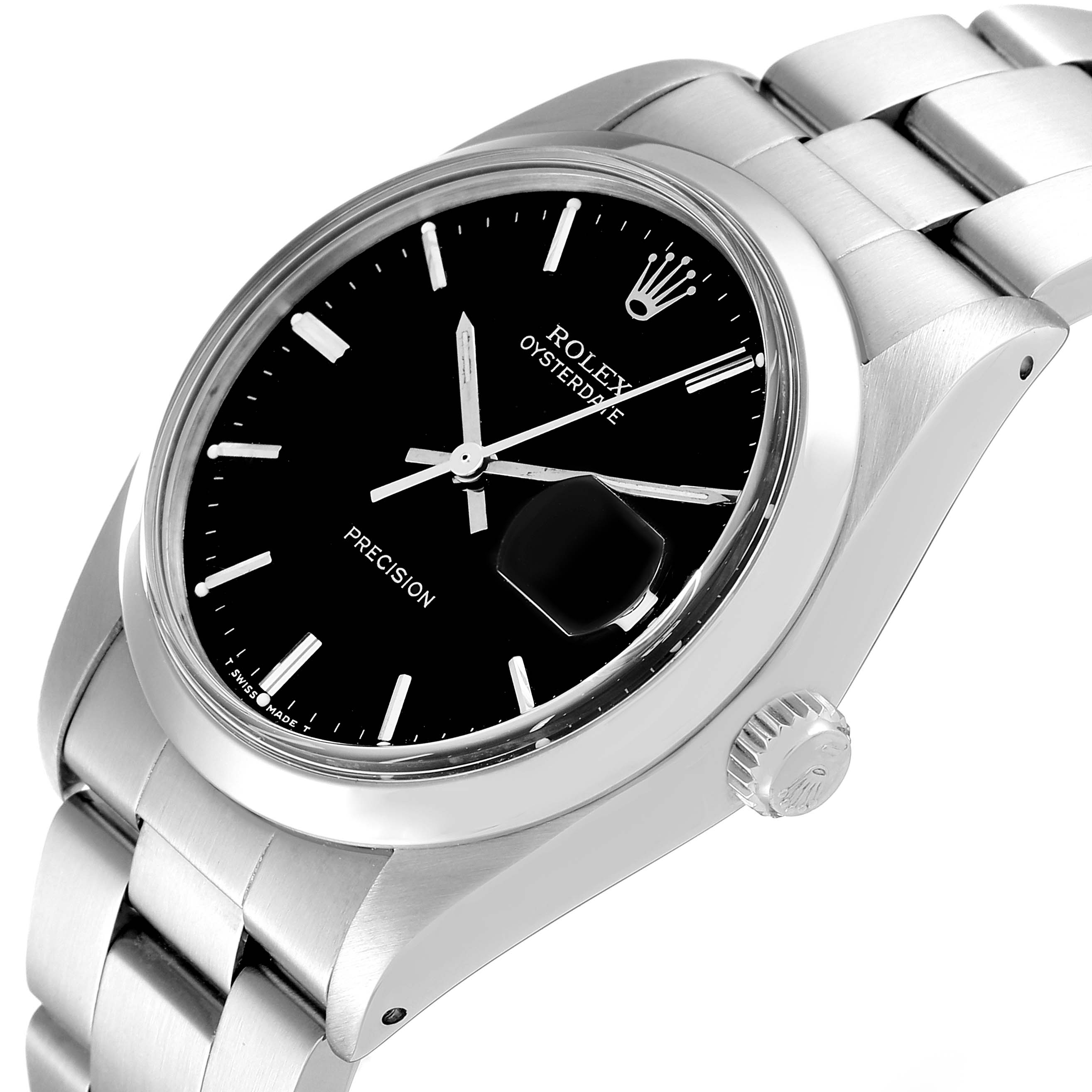 This image shows a close-up of a Rolex Oysterdate Precision watch, displaying the dial, bracelet, crown, and case.