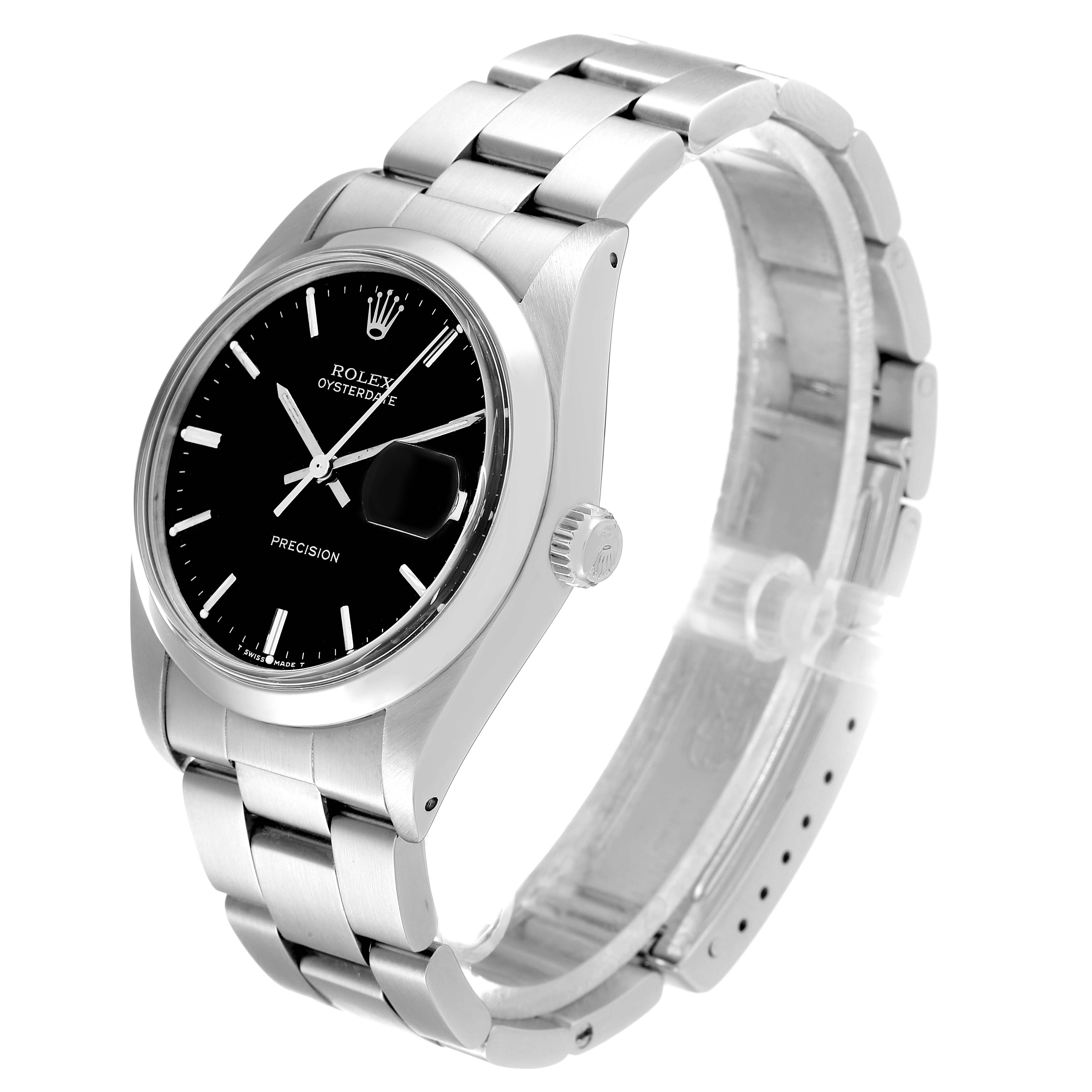 The image shows a Rolex Date 6694 Men's Stainless Steel Black Dial 6694 Men's Stainless Steel Black Dial model watch at an angle highlighting its face, bezel, crown, and metal bracelet.