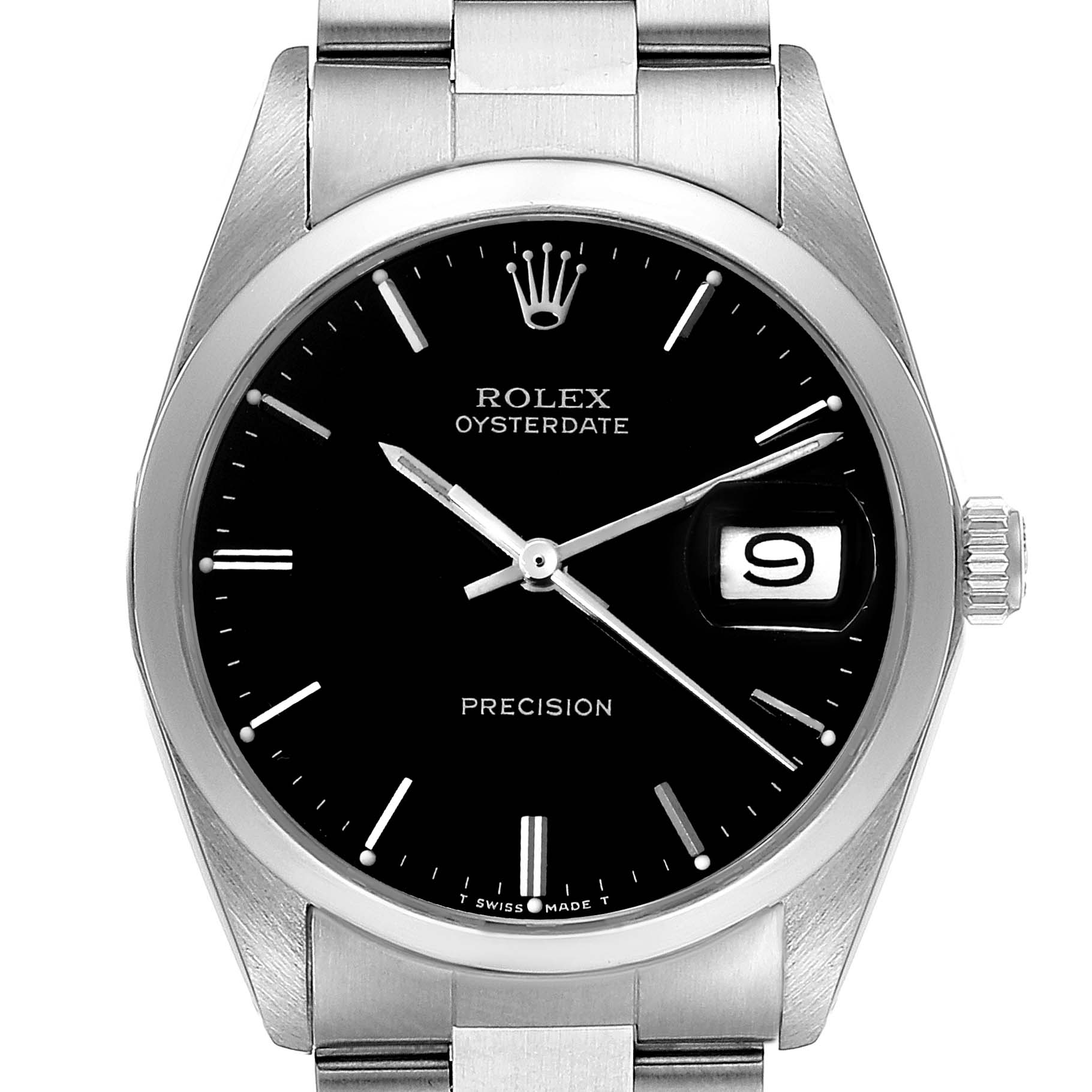 This image shows a front view of a Rolex Date 6694 Men's Stainless Steel Black Dial 6694 Men's Stainless Steel Black Dial model watch, displaying its black dial, date window, and stainless steel bracelet.
