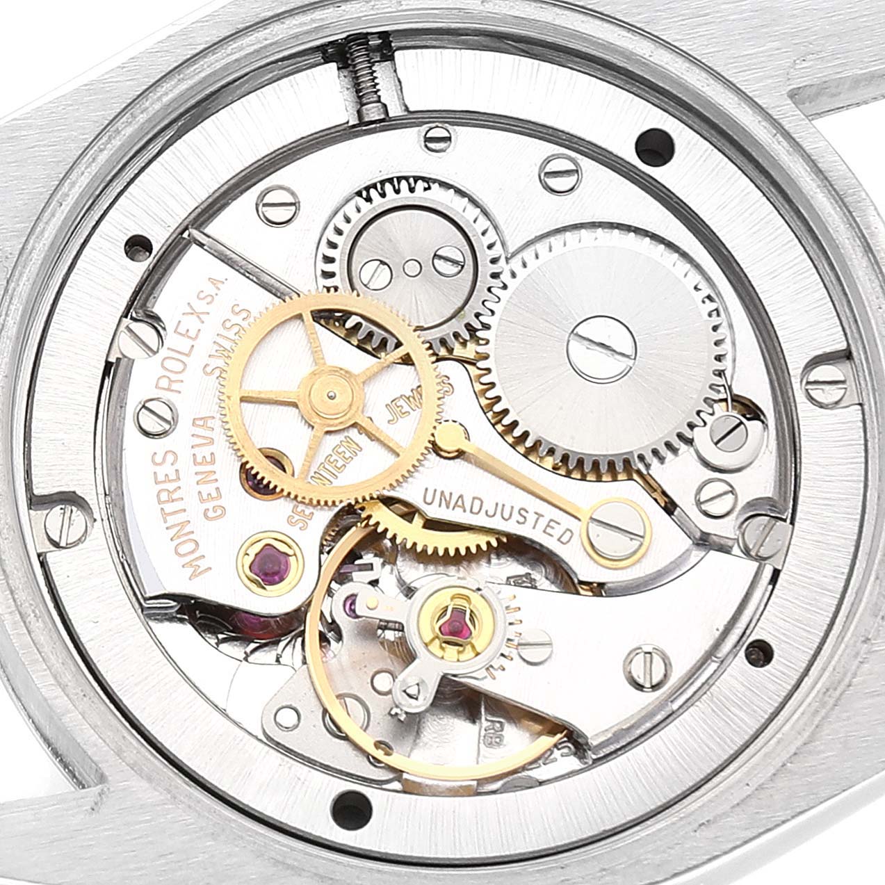 This is an internal view of the Rolex Date 6694 Men's Stainless Steel Black Dial 6694 Men's Stainless Steel Black Dial model watch showing its mechanical movement components.