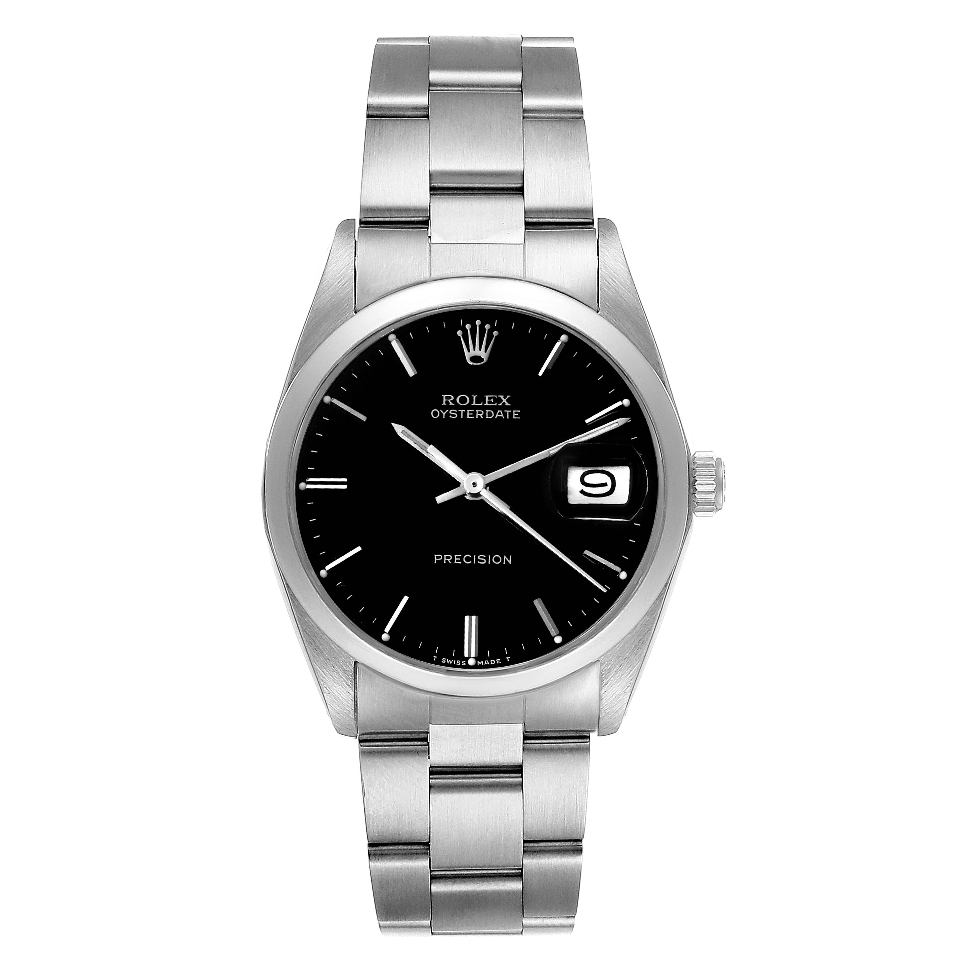 The image shows a front view of a Rolex Oysterdate Precision watch, highlighting its black dial, date window, and stainless steel bracelet.