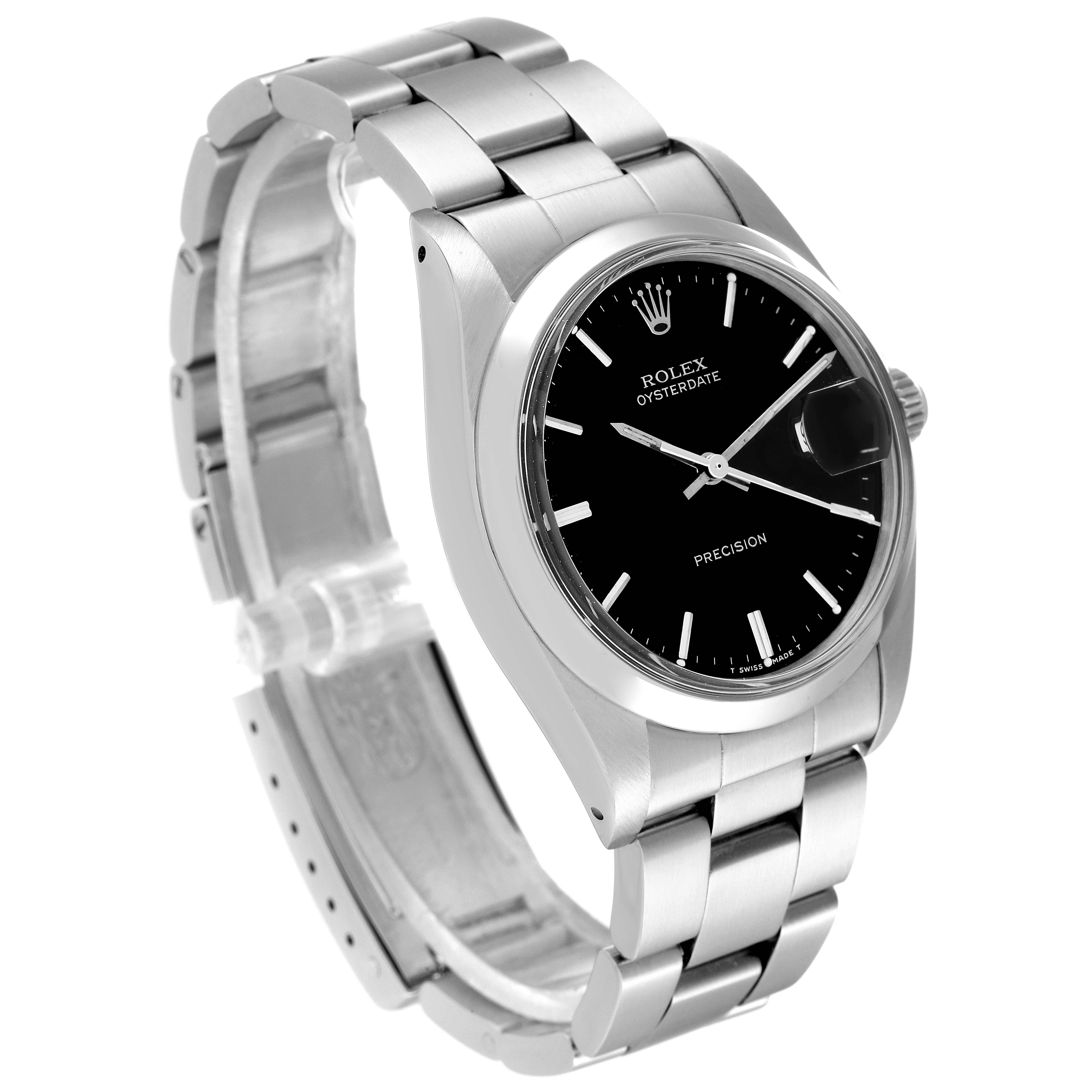 This image shows a side view angle of a Rolex Oysterdate Precision watch, highlighting its black dial, metal case and bracelet.