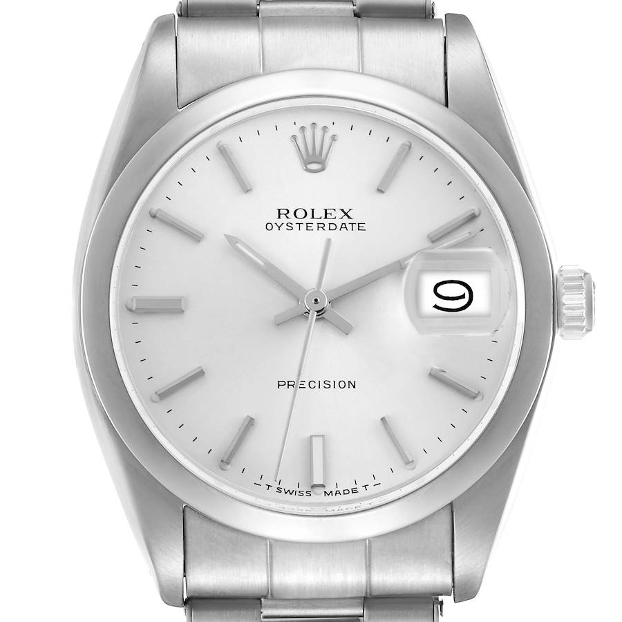 The Rolex Vintage Collection watch is shown from a front view, highlighting the dial, indices, and date window.