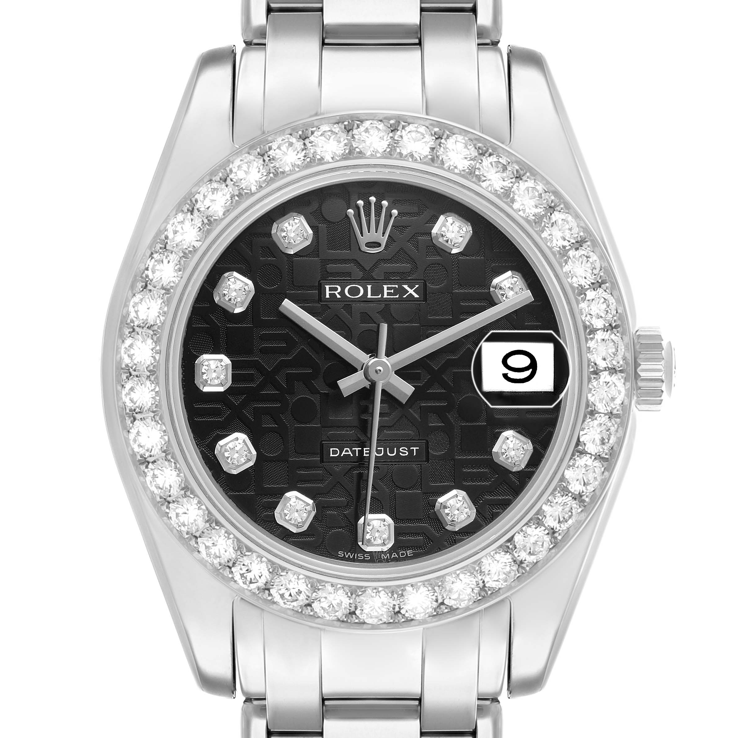 The Rolex Pearlmaster 81299 Women's White Gold Black Dial watch is shown from a top view, highlighting the dial, bezel with diamonds, and part of the bracelet.