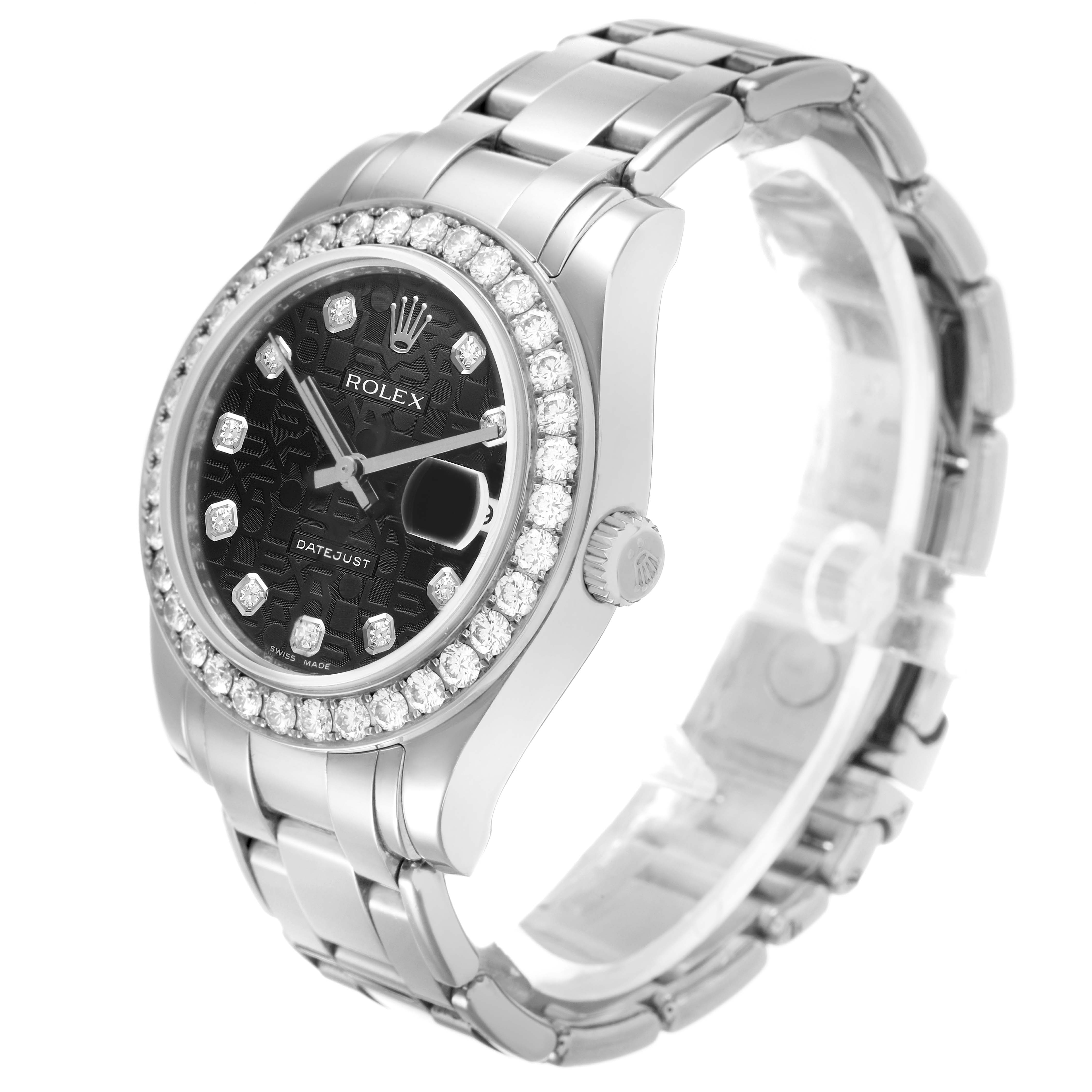 The Rolex Pearlmaster 81299 Women's White Gold Black Dial watch is shown at a slight angle, highlighting the face, bezel, and partial bracelet.