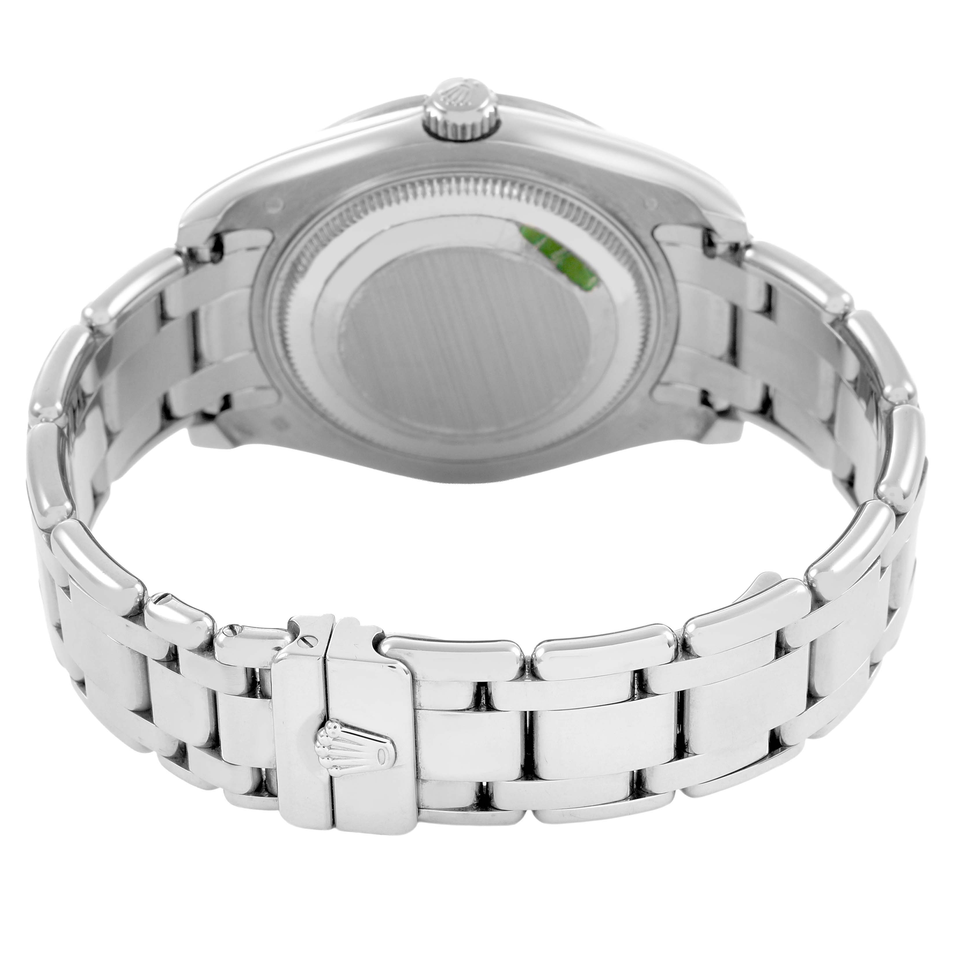The image shows the back view of a Rolex Pearlmaster 81299 Women's White Gold Black Dial watch displaying its bracelet, clasp, and case back.