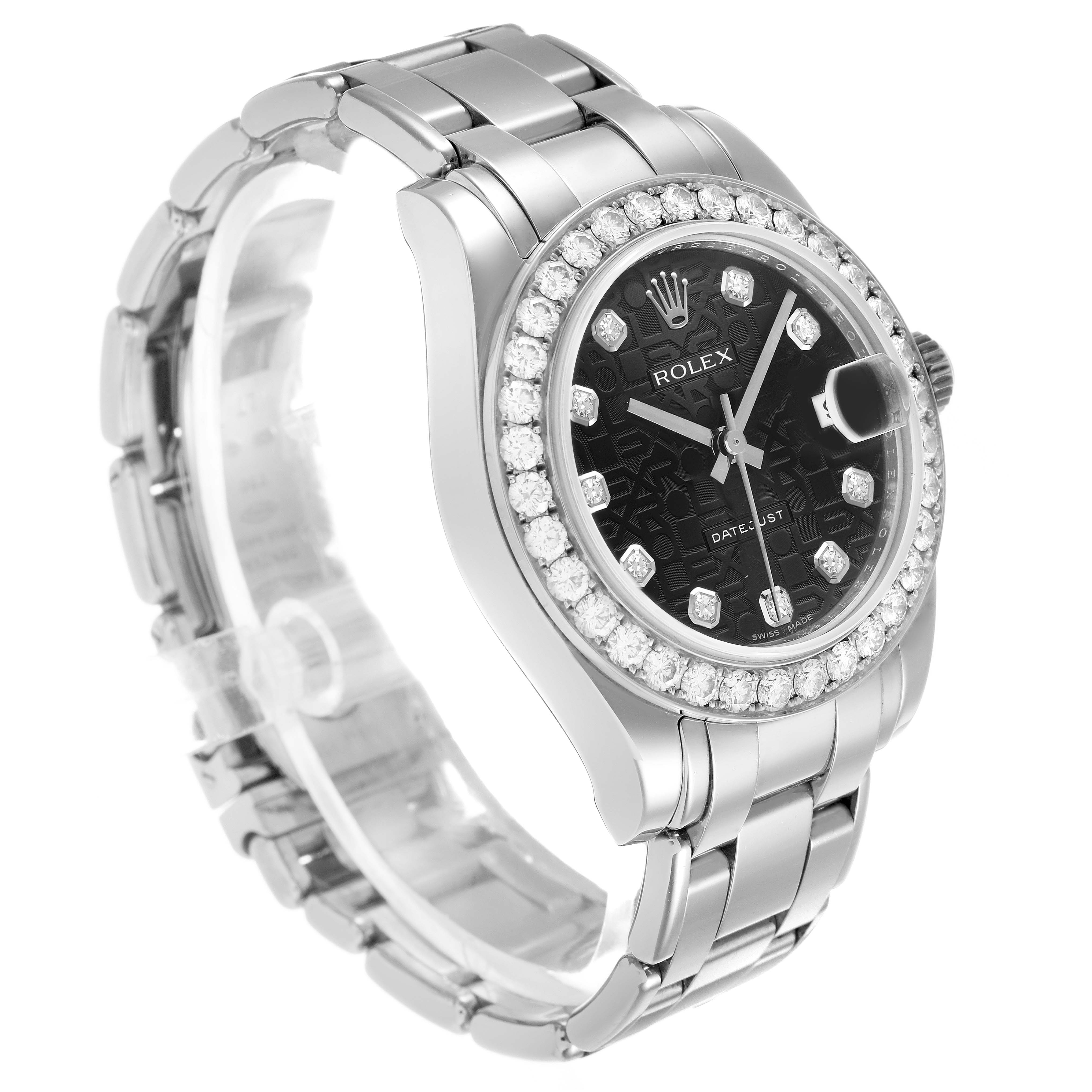 The Rolex Pearlmaster 81299 Women's White Gold Black Dial watch is shown at a three-quarter angle, highlighting the bezel, dial, and bracelet.
