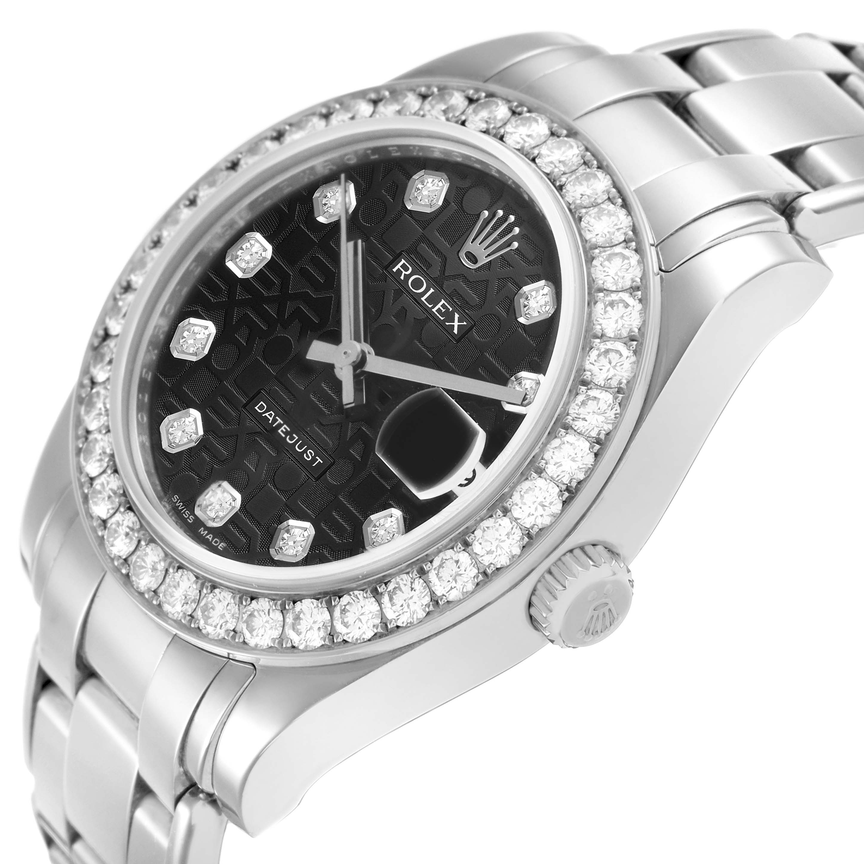 The Rolex Pearlmaster 81299 Women's White Gold Black Dial watch is shown from a side angle, displaying the dial, bezel, bracelet, and crown.