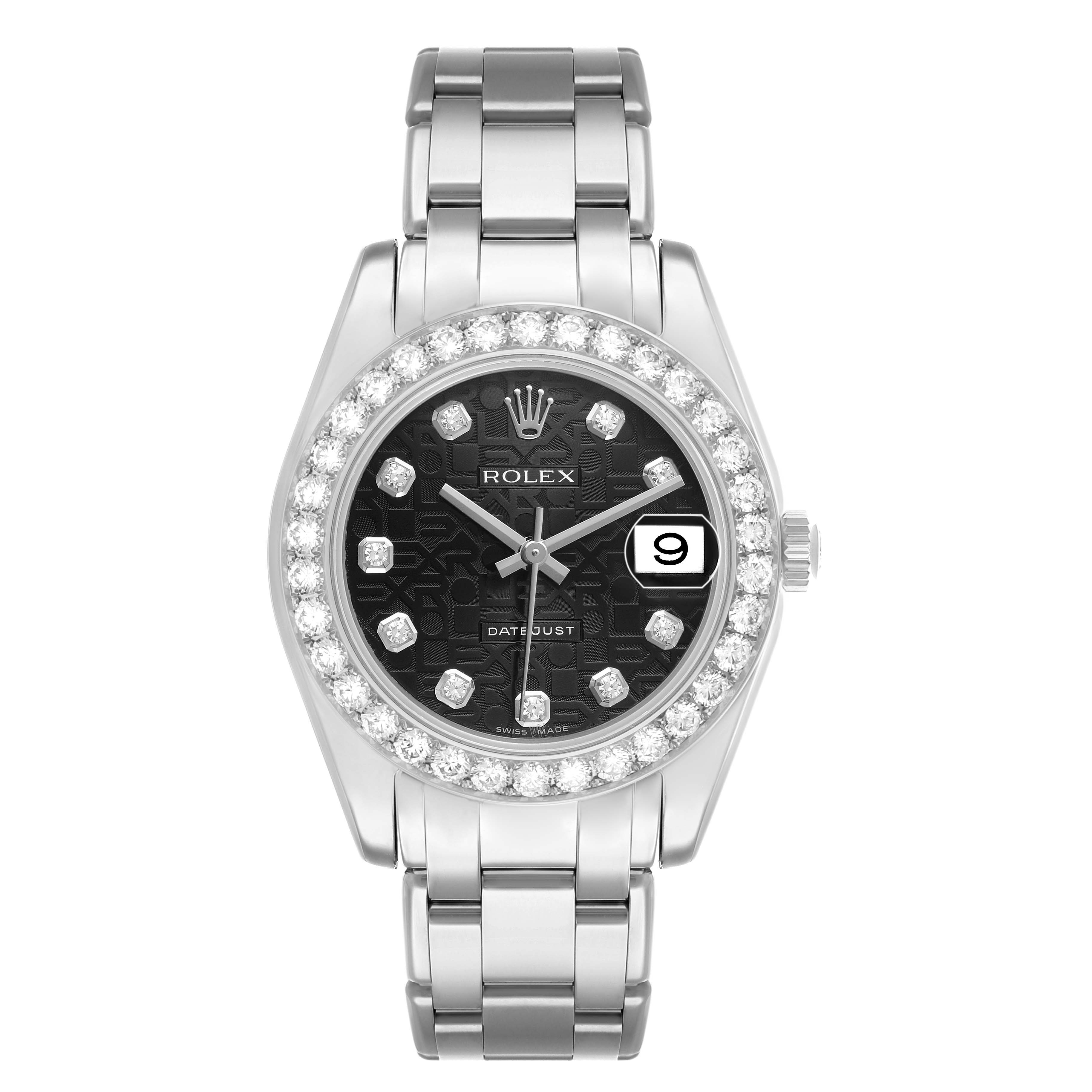 The Rolex Pearlmaster 81299 Women's White Gold Black Dial watch is shown from a top angle, highlighting its dial, diamond bezel, and bracelet.