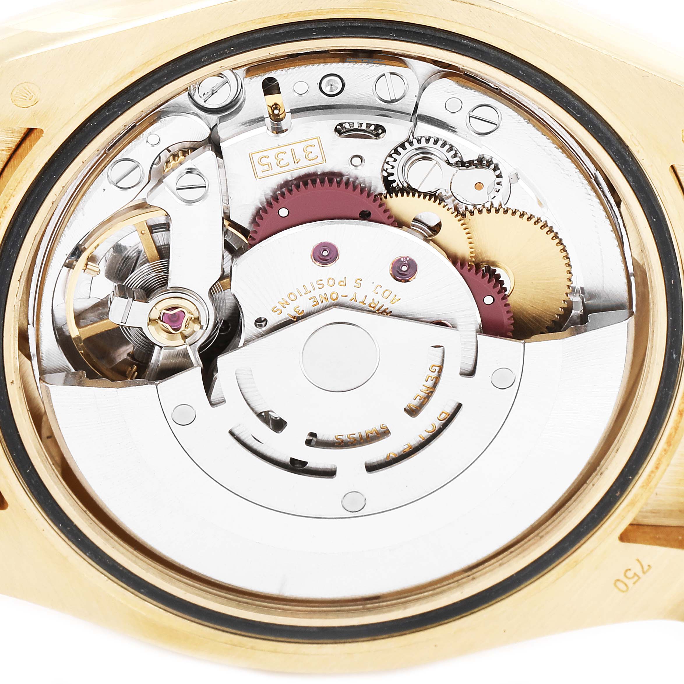 The image shows the intricate, detailed view of the movement mechanism inside a Rolex President 116188 Men's Yellow Gold Mother of Pearl Dial 116188 Men's Yellow Gold Mother of Pearl Dial model watch.