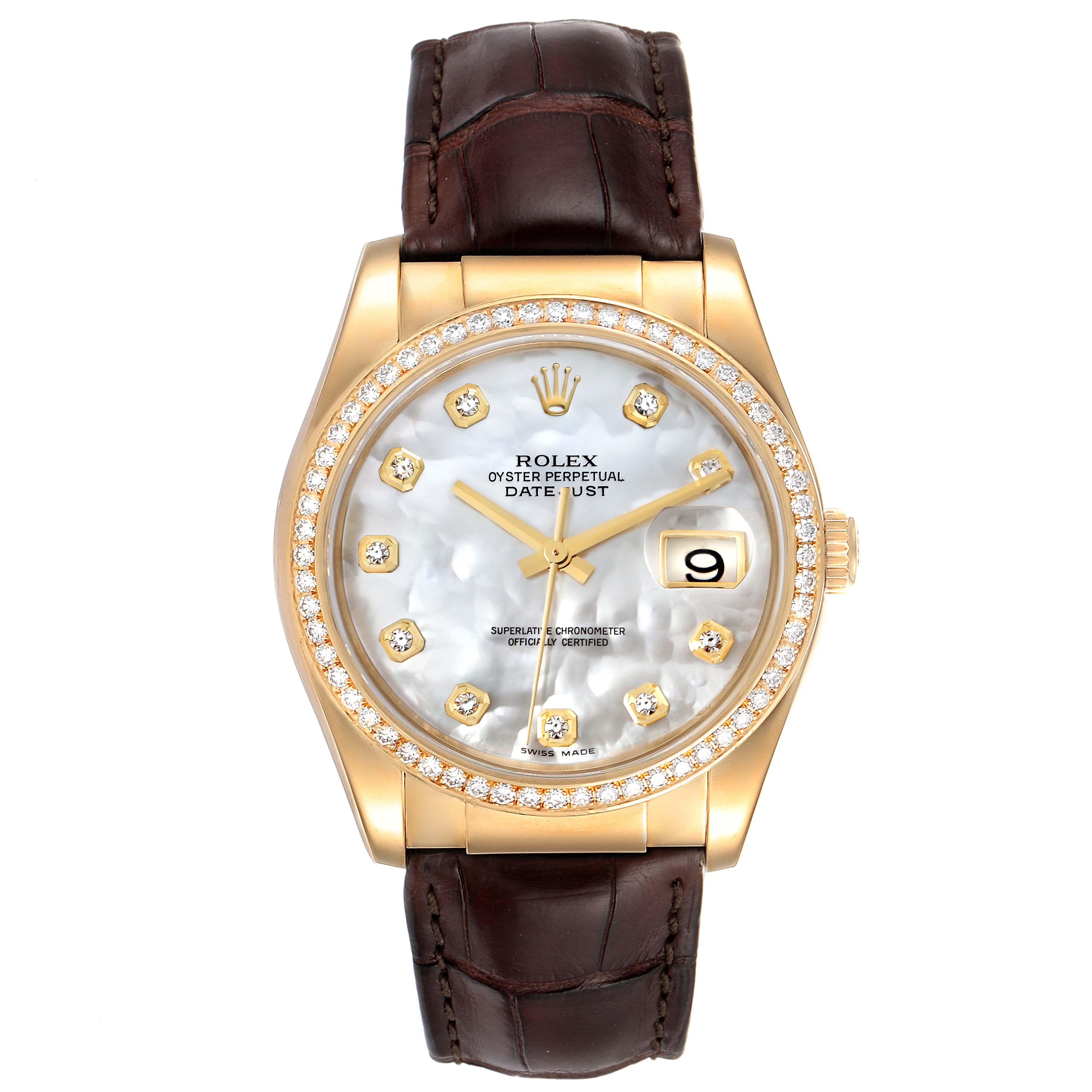 The image shows a Rolex President 116188 Men's Yellow Gold Mother of Pearl Dial 116188 Men's Yellow Gold Mother of Pearl Dial model watch from a front angle, highlighting its face, diamond bezel, and leather strap.