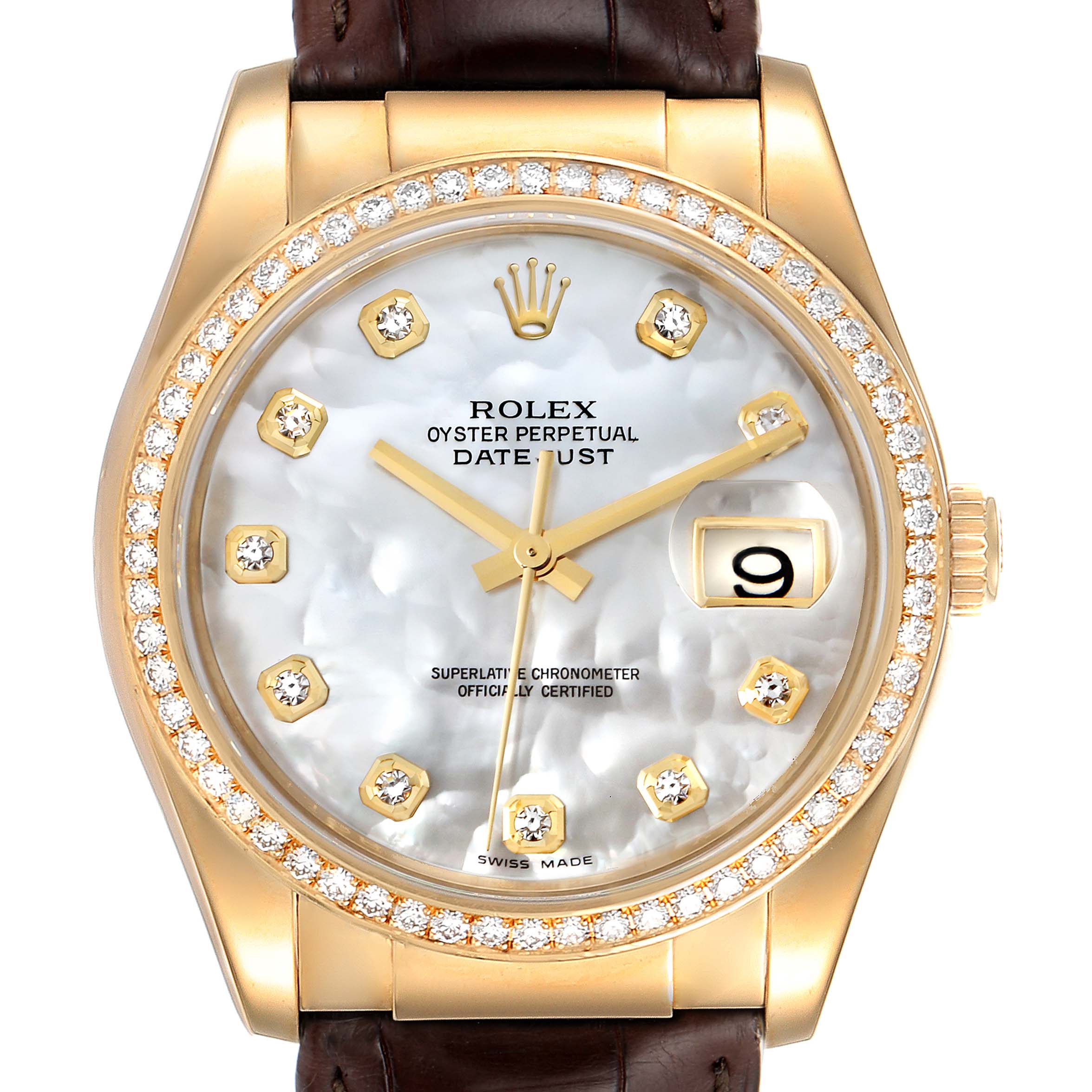 The image shows a front view of a Rolex President 116188 Men's Yellow Gold Mother of Pearl Dial 116188 Men's Yellow Gold Mother of Pearl Dial model watch, highlighting its dial, bezel, crown, and strap.