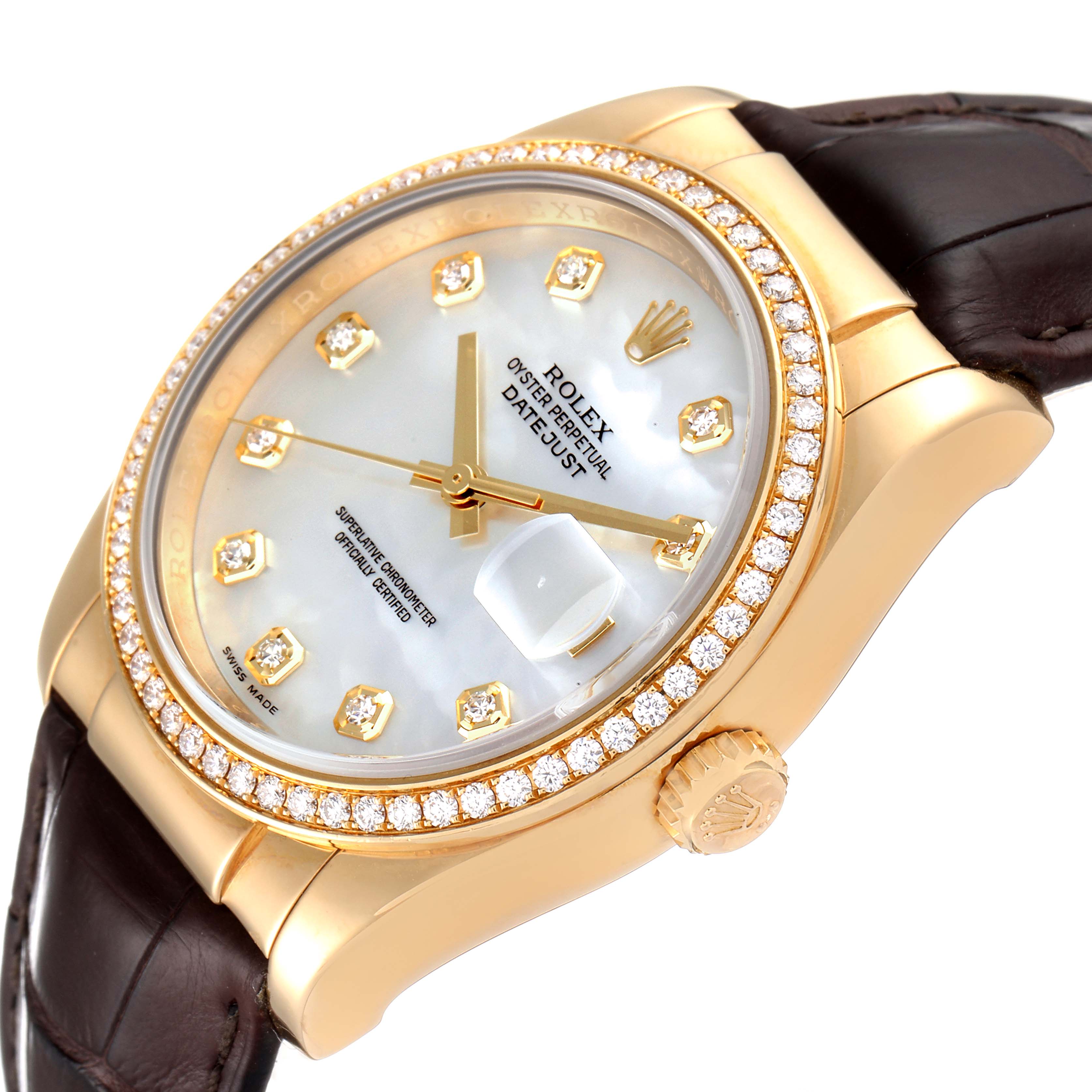 The image shows a side-angle view of a Rolex President 116188 Men's Yellow Gold Mother of Pearl Dial 116188 Men's Yellow Gold Mother of Pearl Dial model watch highlighting the face, bezel, case, and crown.