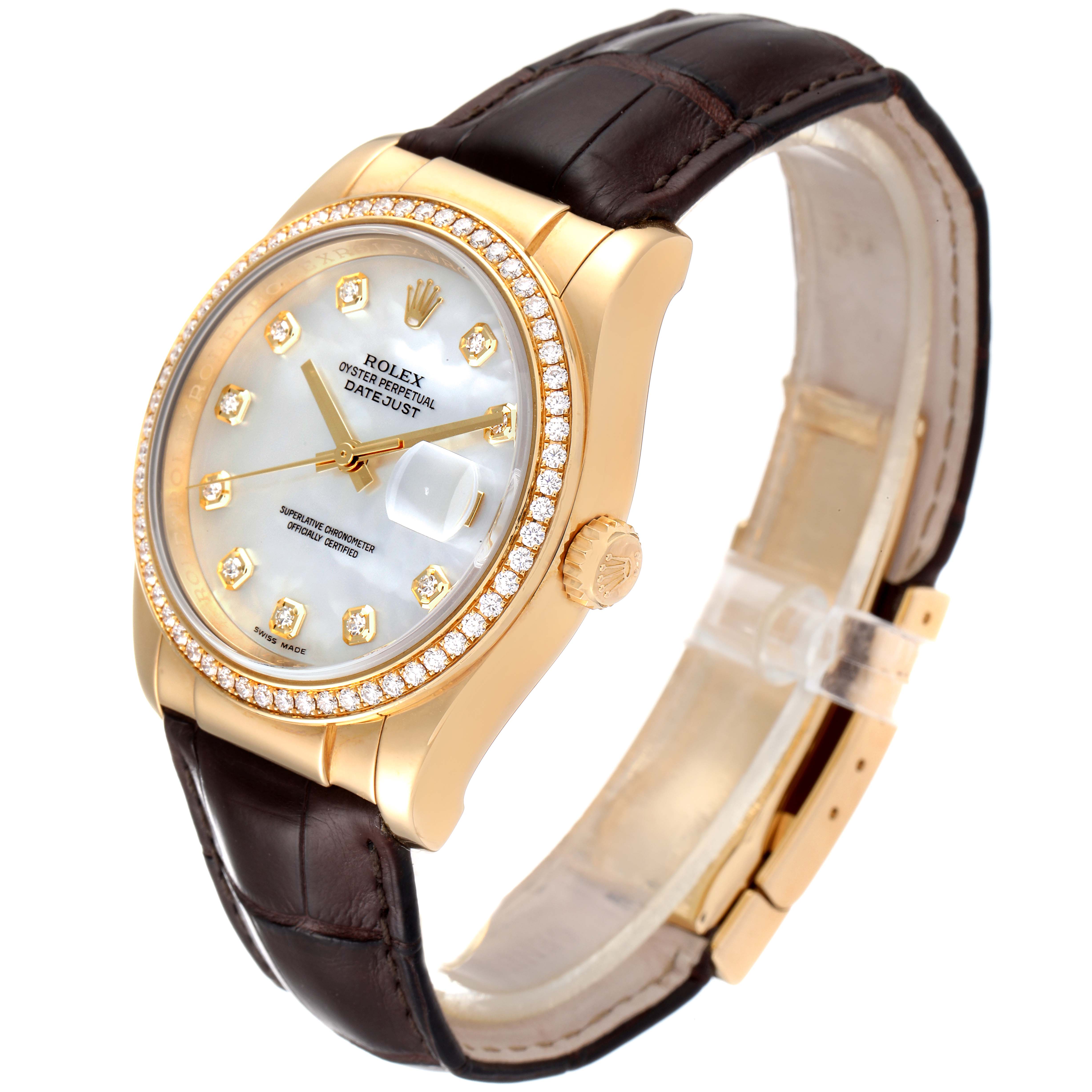 The image showcases a Rolex President 116188 Men's Yellow Gold Mother of Pearl Dial 116188 Men's Yellow Gold Mother of Pearl Dial model watch at a slight angle, highlighting its dial, bezel, and leather strap.