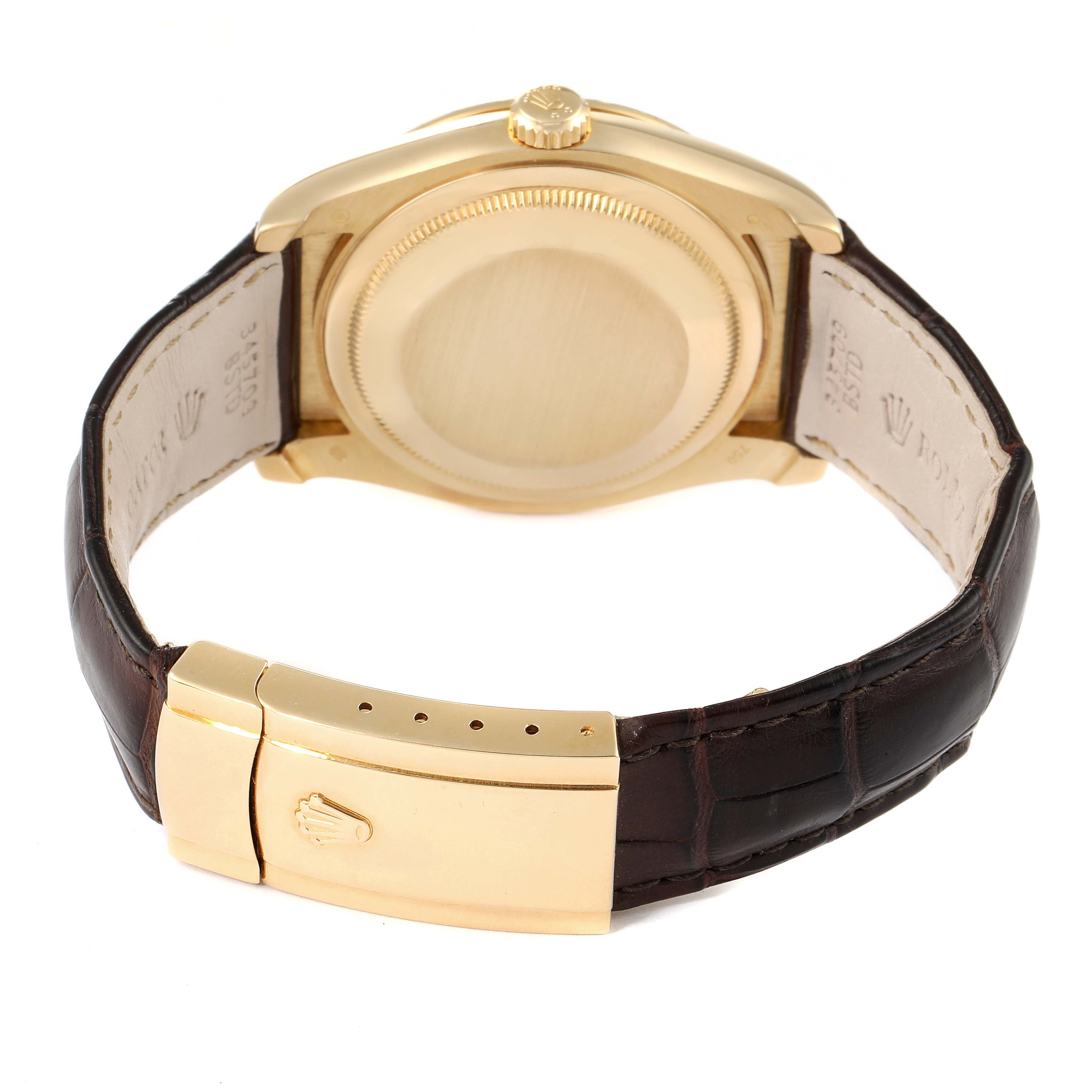 The image shows the back view of a Rolex President 116188 Men's Yellow Gold Mother of Pearl Dial 116188 Men's Yellow Gold Mother of Pearl Dial model watch, highlighting the case back and leather strap with a clasp.