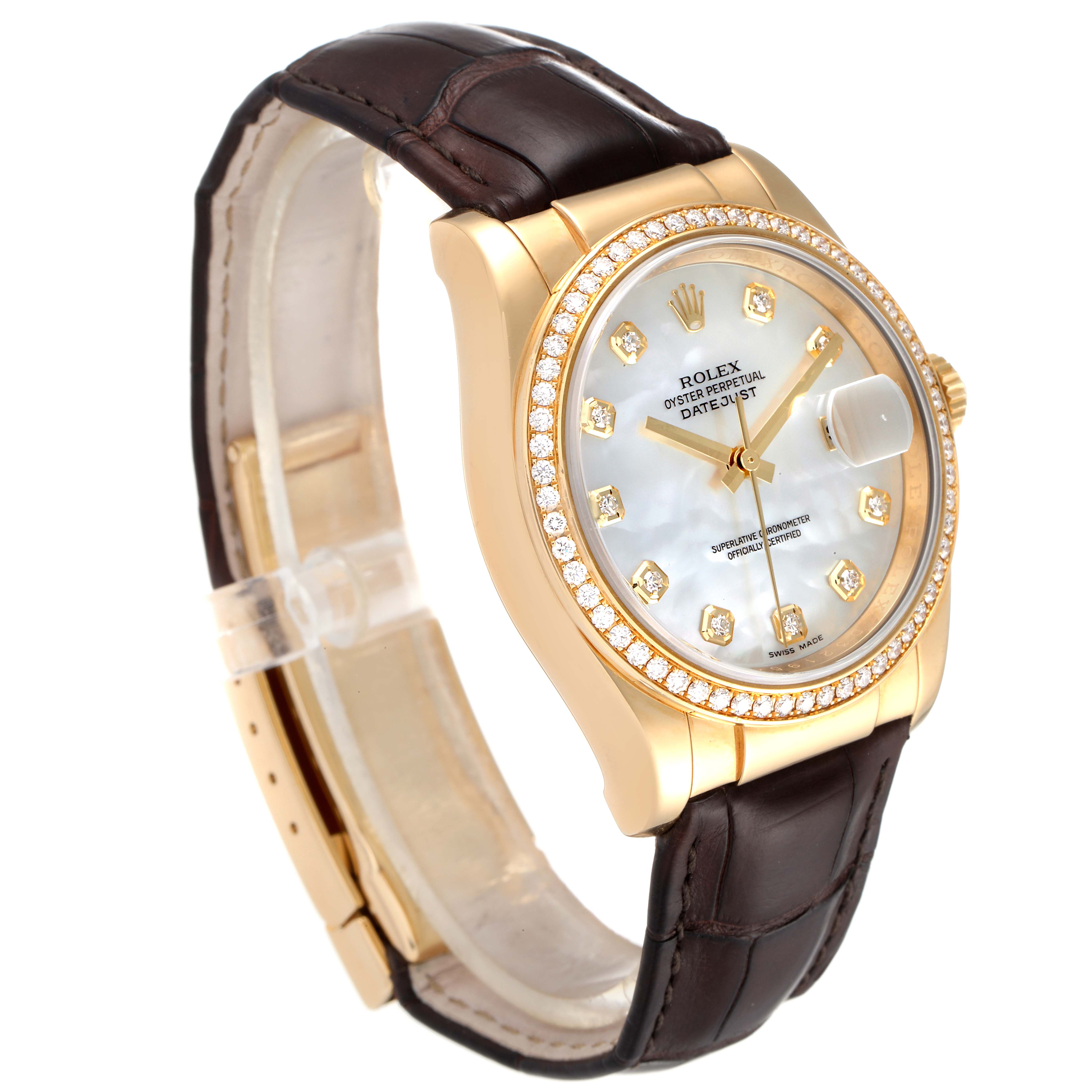 The image shows a side angle of a Rolex President 116188 Men's Yellow Gold Mother of Pearl Dial 116188 Men's Yellow Gold Mother of Pearl Dial model watch, highlighting its gold case, diamond bezel, brown leather strap, and white dial.