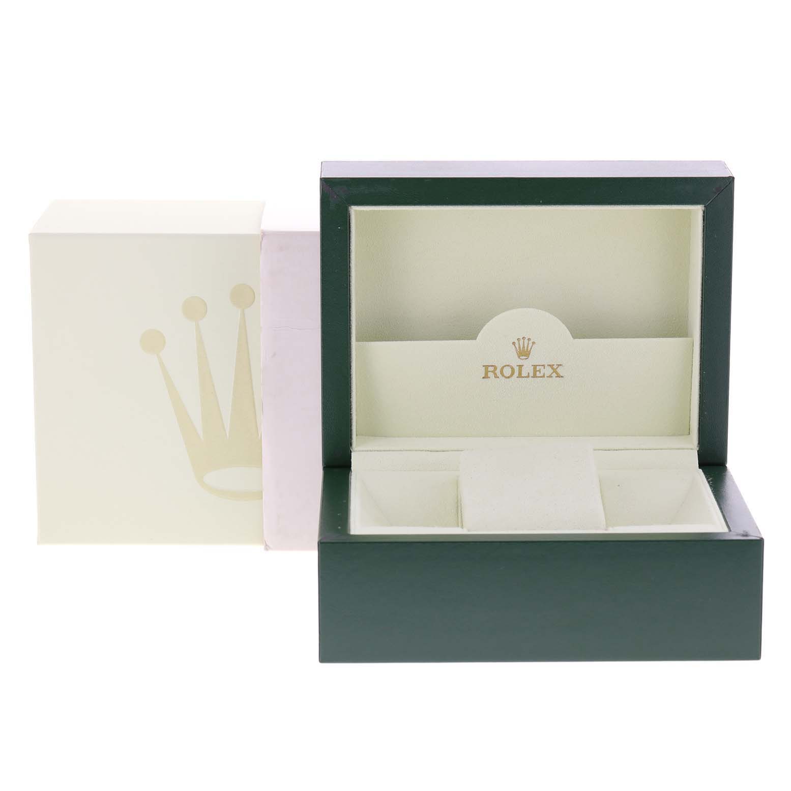 The image shows a Rolex President 116188 Men's Yellow Gold Mother of Pearl Dial 116188 Men's Yellow Gold Mother of Pearl Dial model watch box at a front angle, with the inner compartments and logo visible.