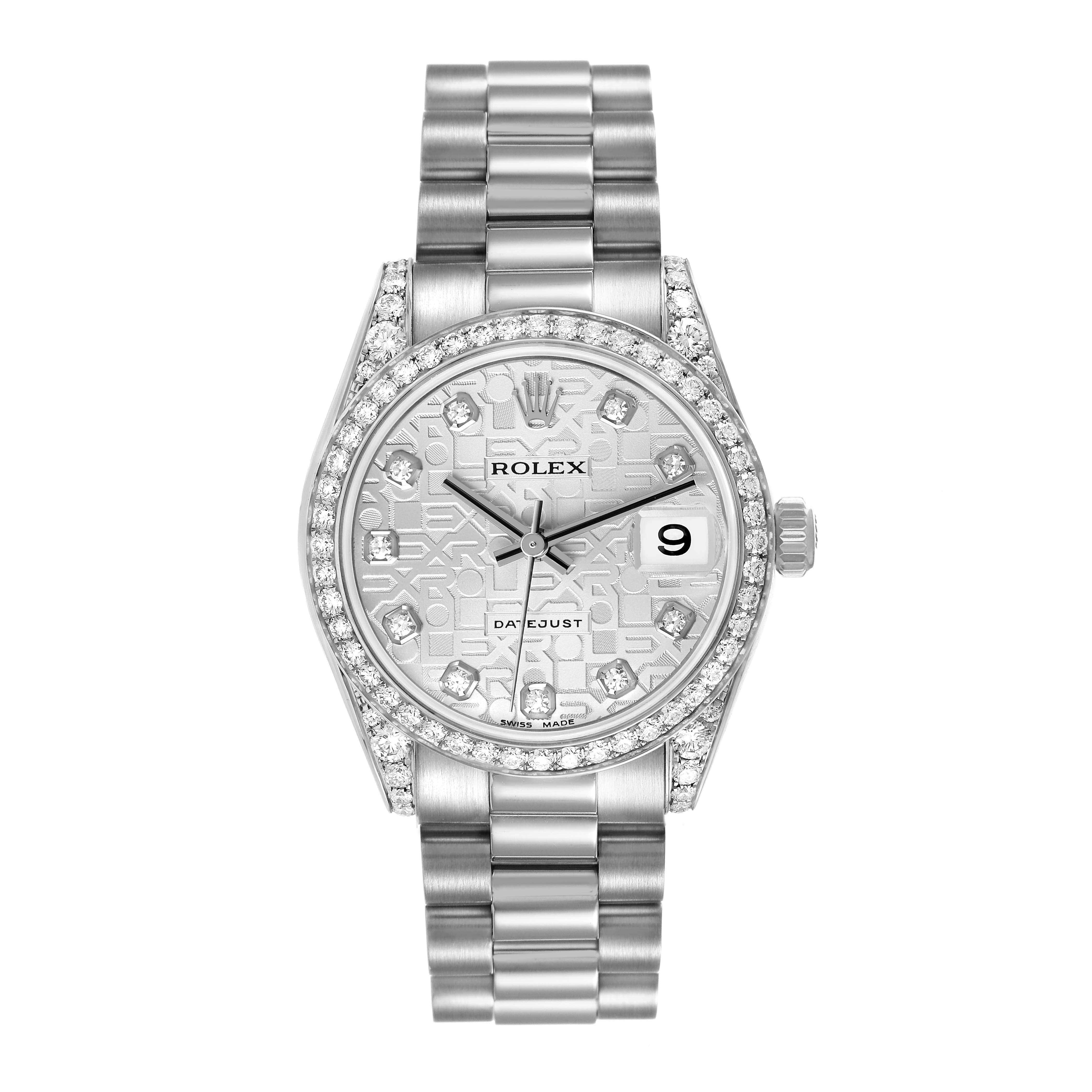 The Rolex President 178159 Women's White Gold Silver Dial watch is shown from a top-down angle, highlighting its dial, bezel, and bracelet.