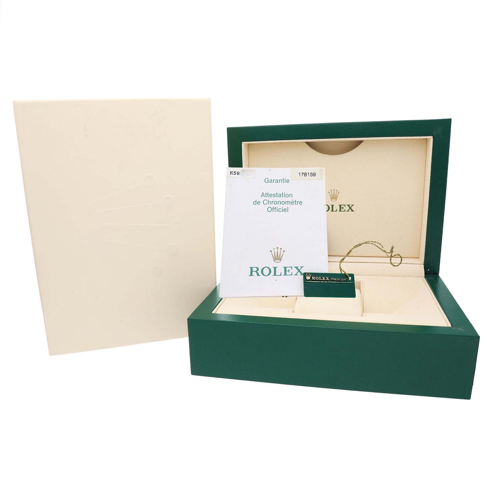 The image shows an open Rolex President 178159 Women's White Gold Silver Dial watch box, along with documents and a storage slot, viewed from the front.