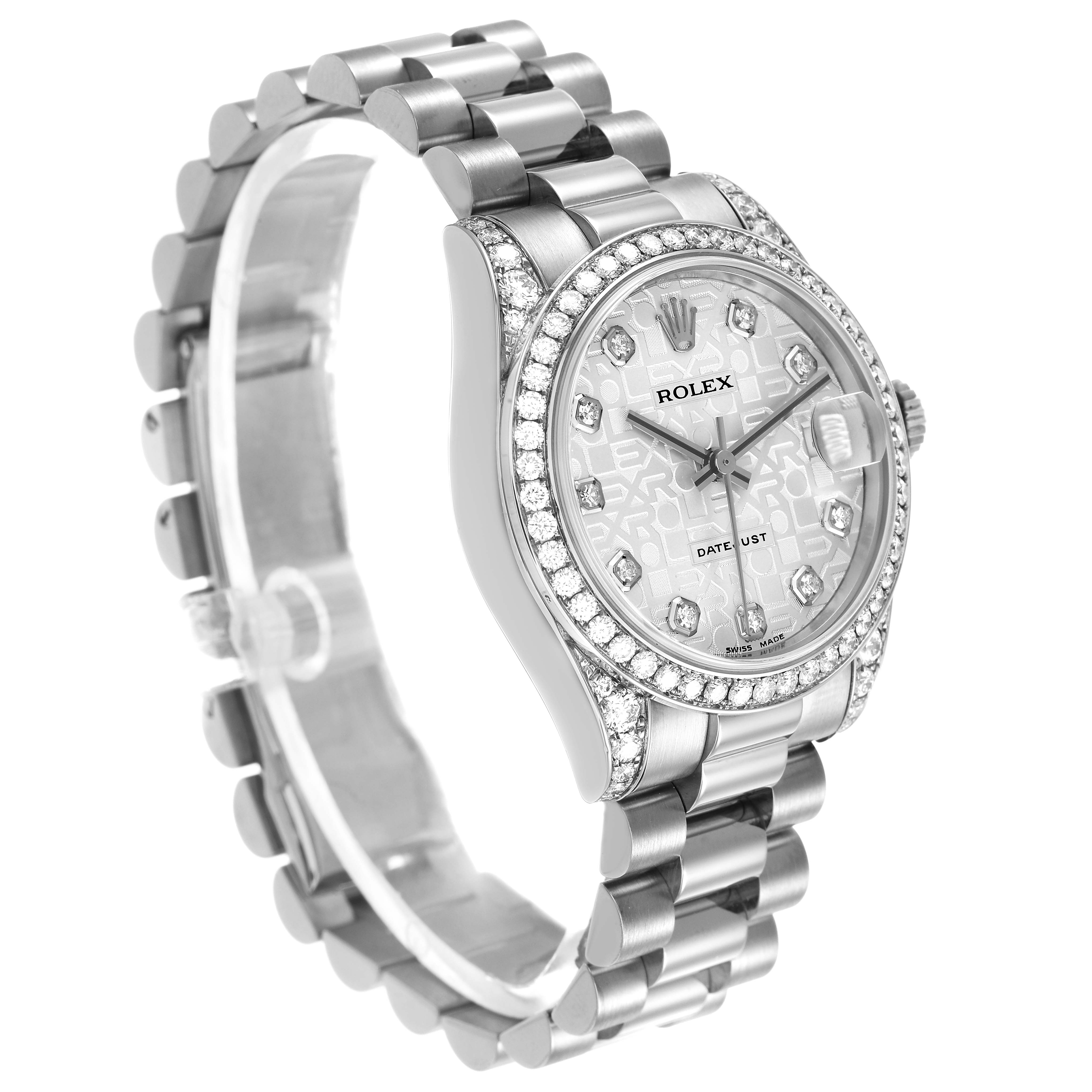 The Rolex President 178159 Women's White Gold Silver Dial model is shown from a three-quarter angle, highlighting the watch face, bezel, and bracelet.