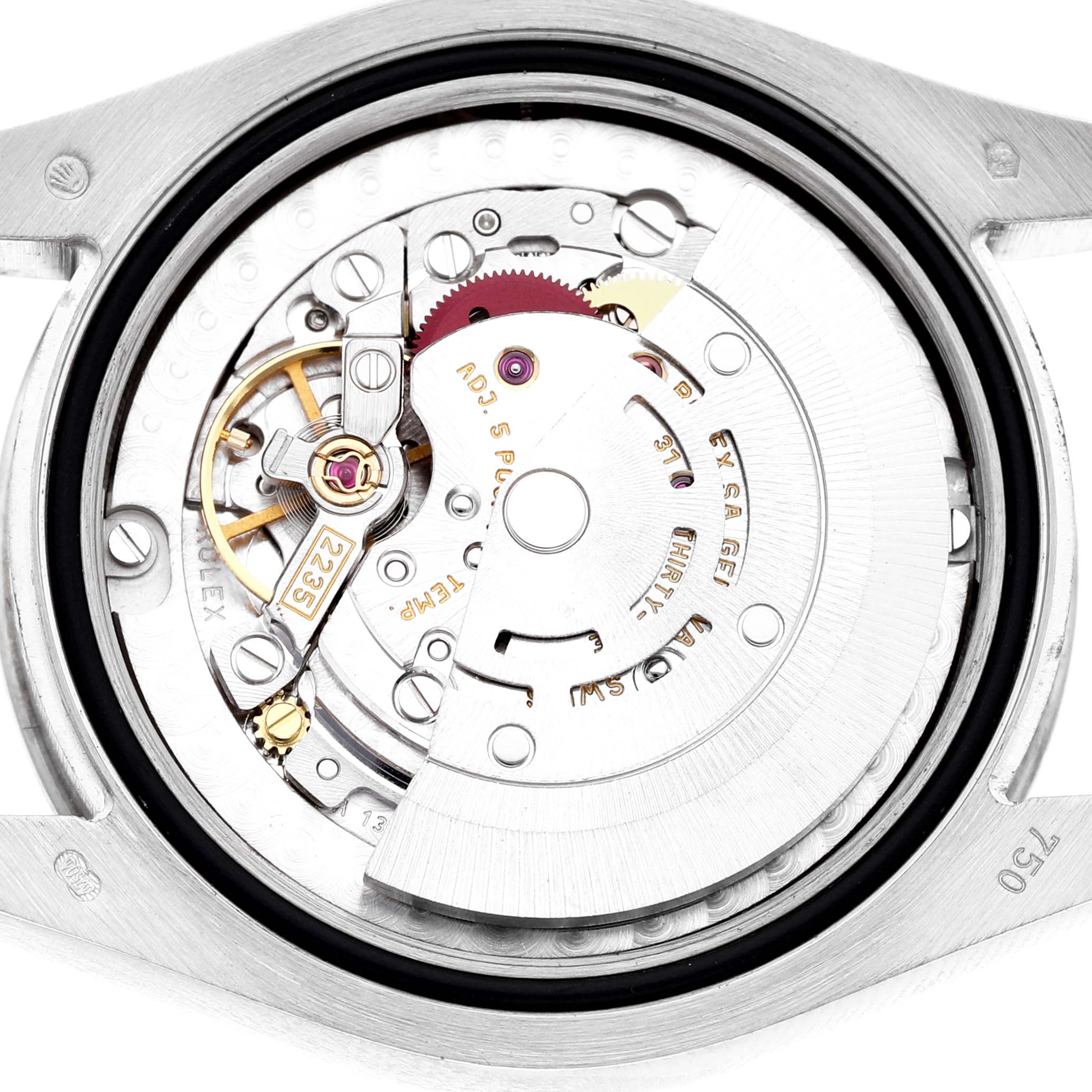 The image shows the inside mechanics of a Rolex President 178159 Women's White Gold Silver Dial watch from a back view, highlighting the movement and rotor.