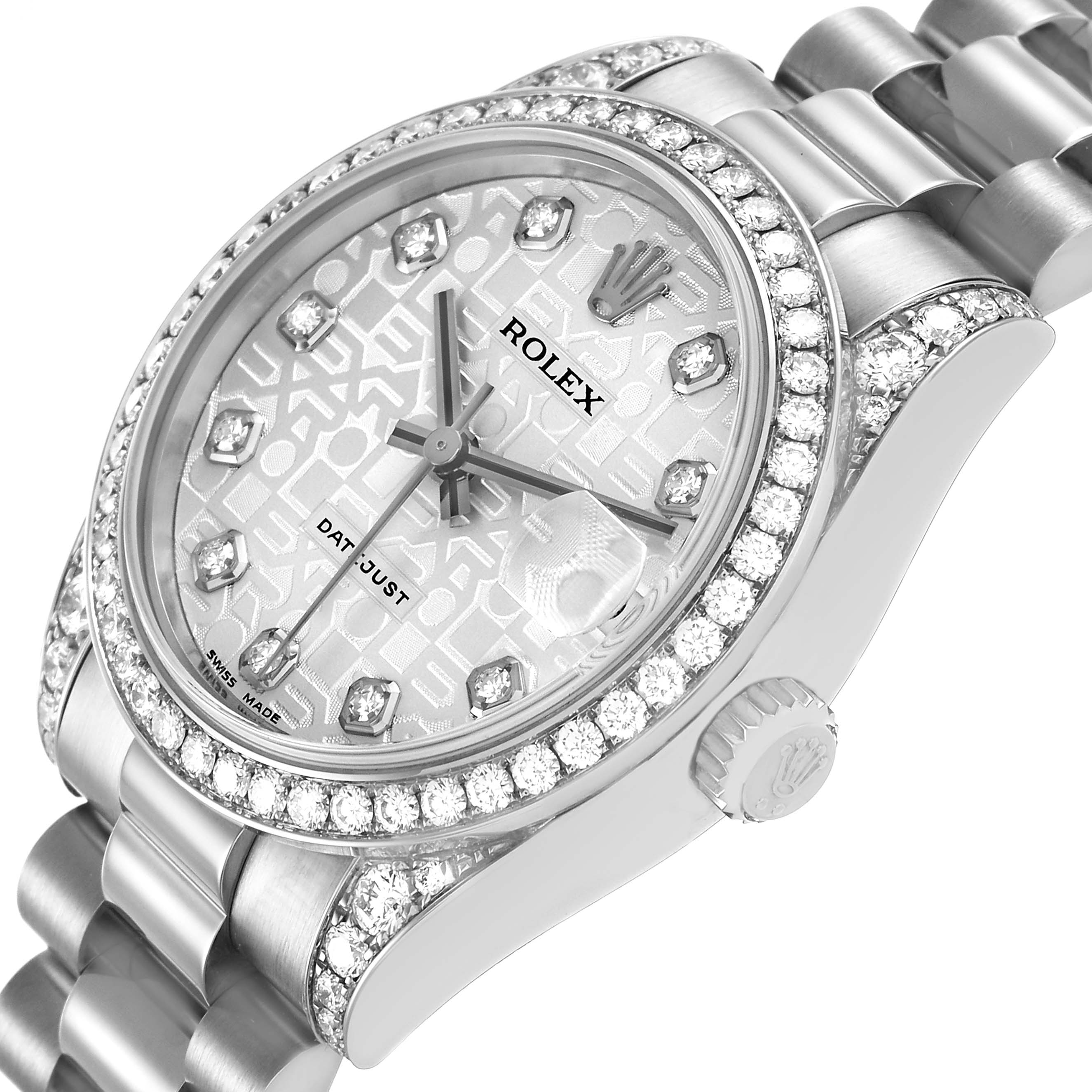 The Rolex President 178159 Women's White Gold Silver Dial model is shown at an angled view highlighting the diamond bezel, dial, crown, and part of the bracelet.