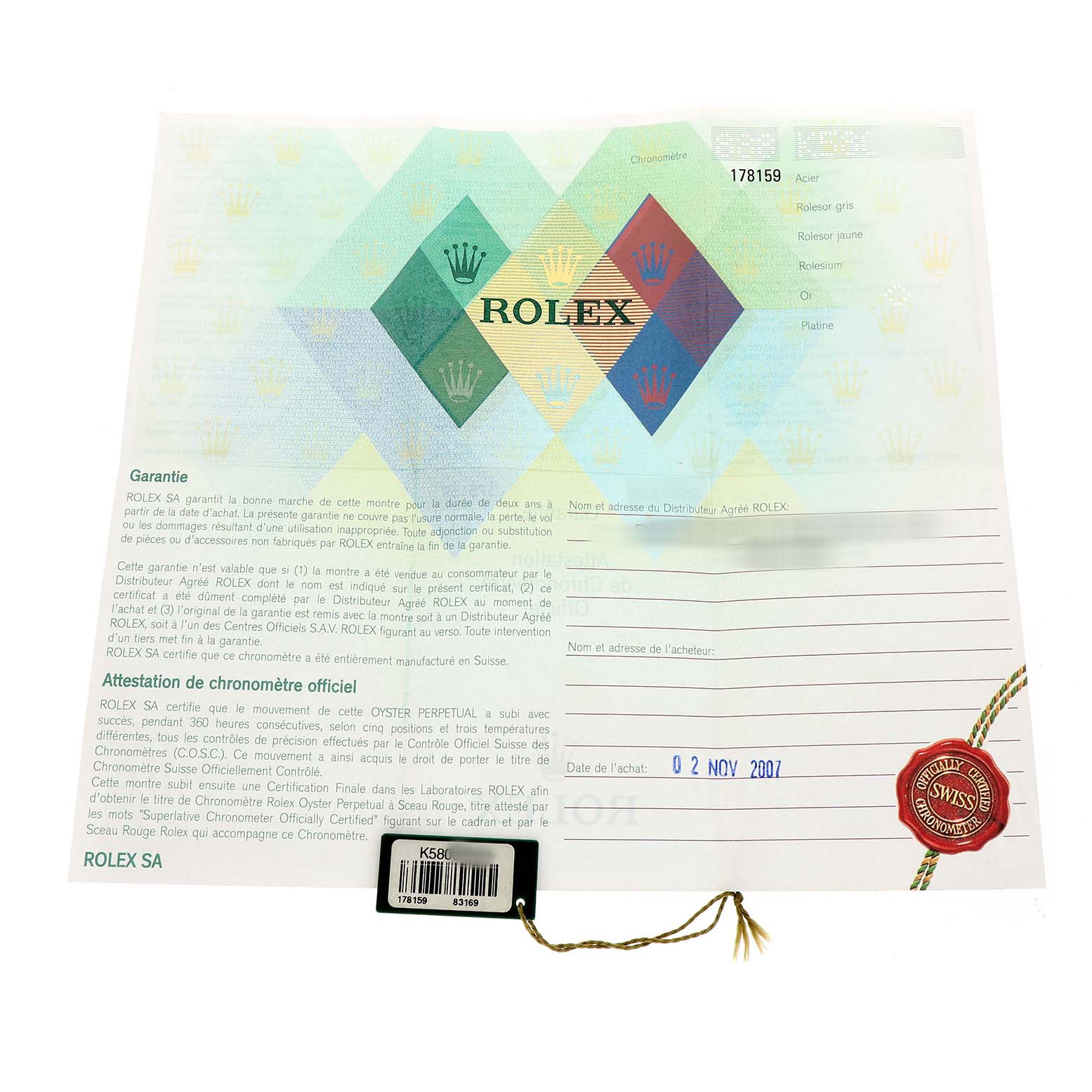 The image shows the paperwork associated with the Rolex President 178159 Women's White Gold Silver Dial model, including a warranty document and a tag.