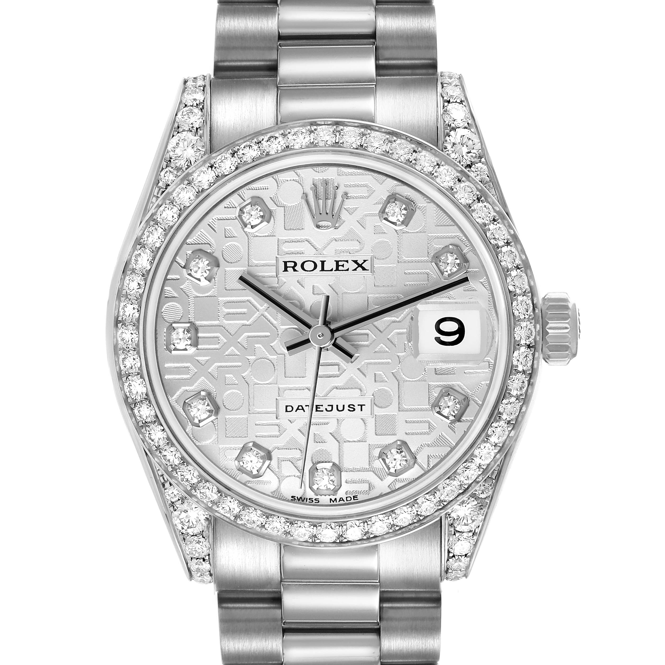 The Rolex President 178159 Women's White Gold Silver Dial model watch is shown from the front, displaying the dial, bezel, and bracelet.