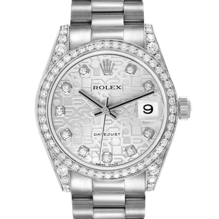 The Rolex President 178159 Women's White Gold Silver Dial model watch is shown from the front, displaying the dial, bezel, and bracelet.