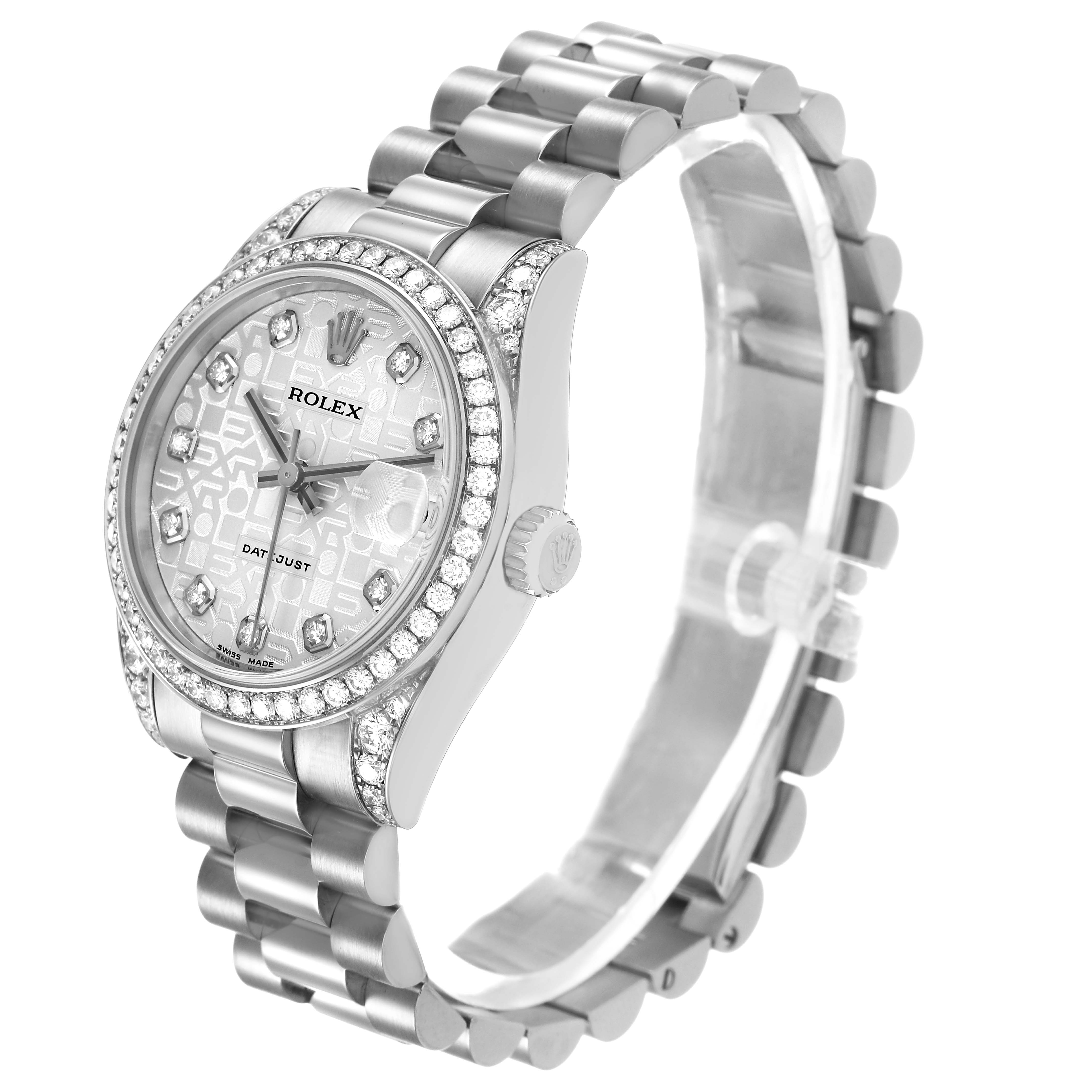 The Rolex President 178159 Women's White Gold Silver Dial watch is shown at a side angle, highlighting its bezel with diamonds and the signature bracelet.